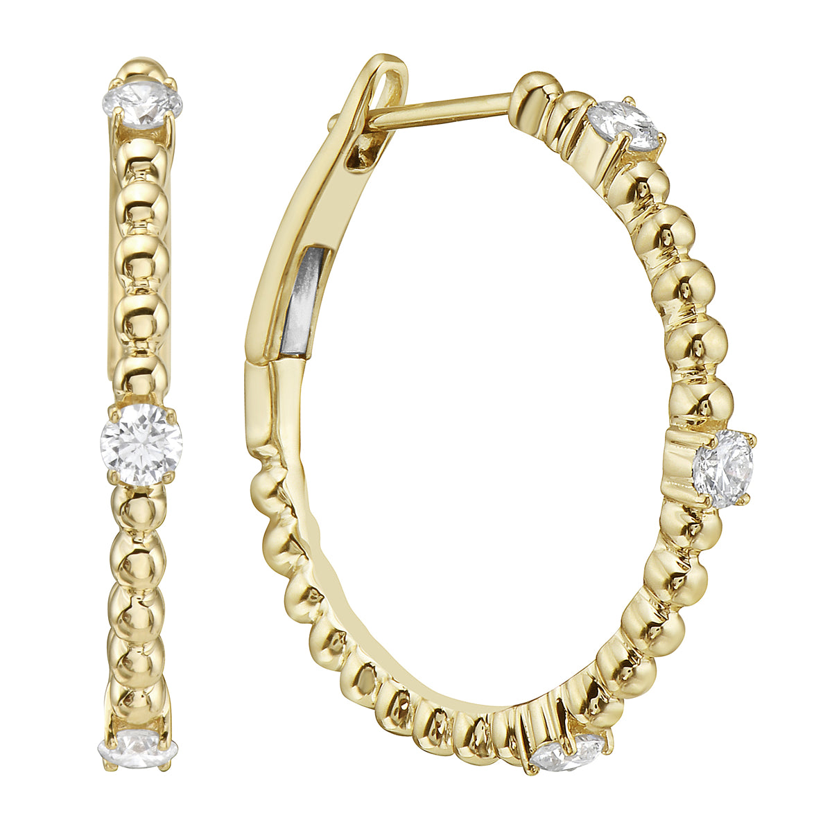 Yellow Gold Bead Ball Diamond Hoop Earrings, 0.53ct
