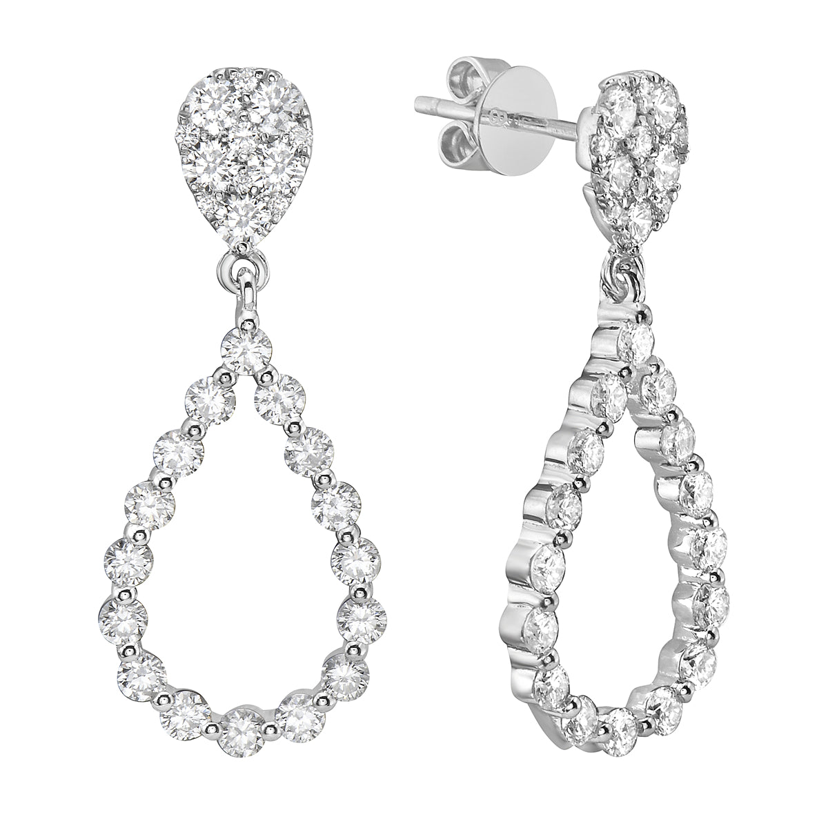 White Gold Pear Teardrop Diamond Drop Earrings, 1.53ct