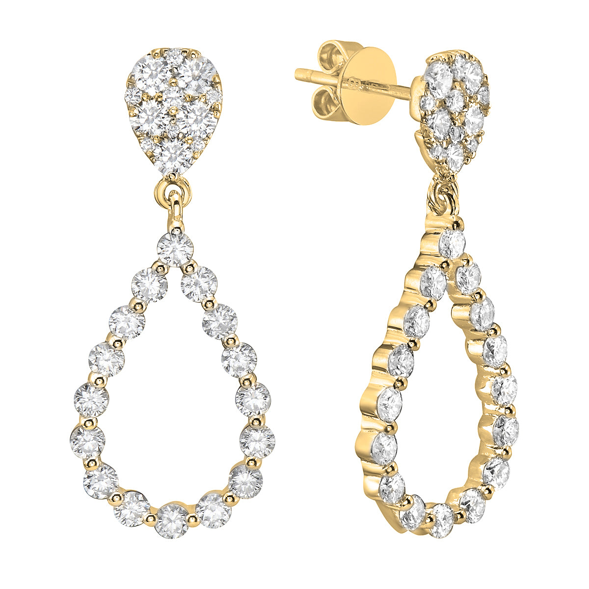 Yellow Gold Pear Teardrop Diamond Drop Earrings, 1.53ct
