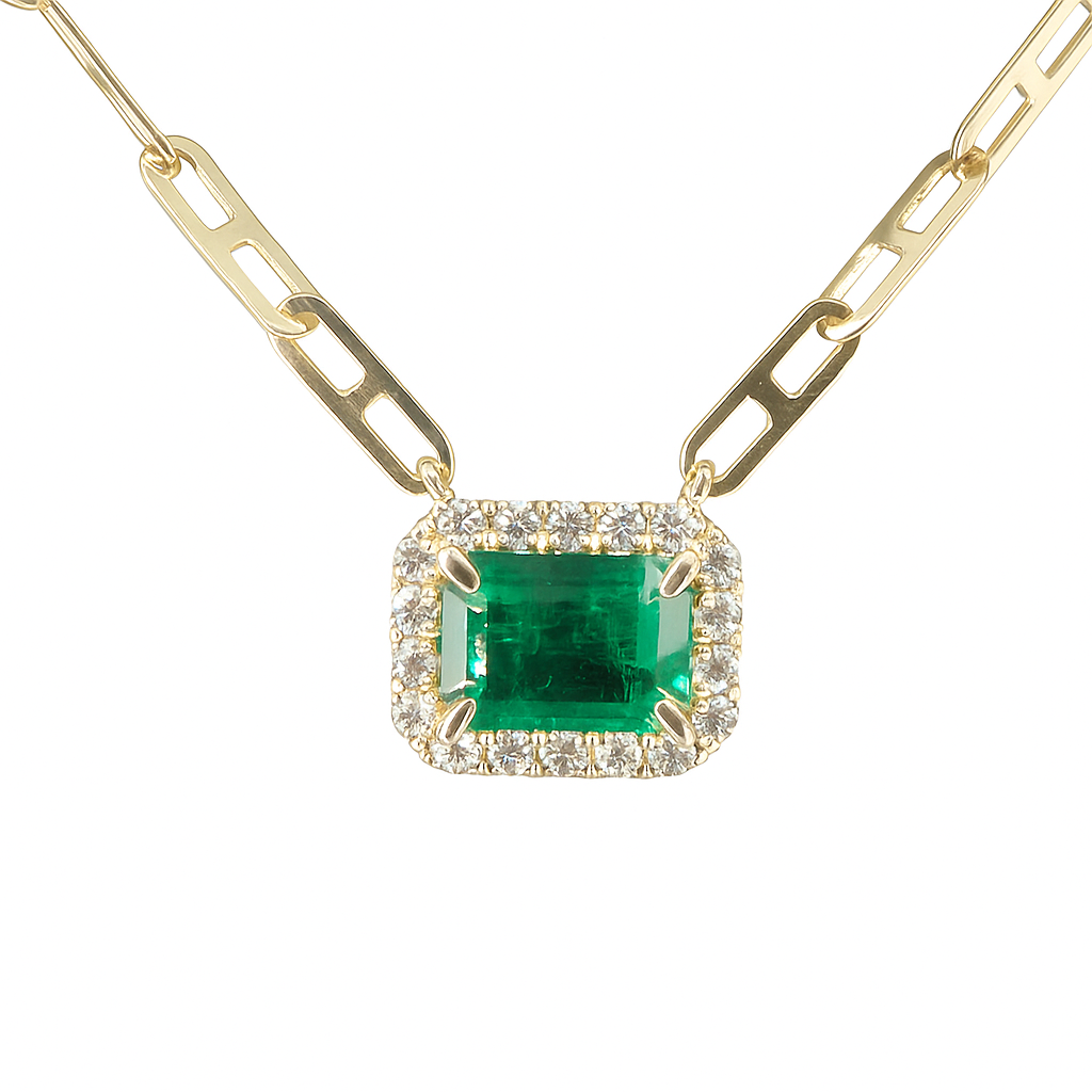 Handmade 14K Yellow Gold Green Emerald Necklace, 0.88ct