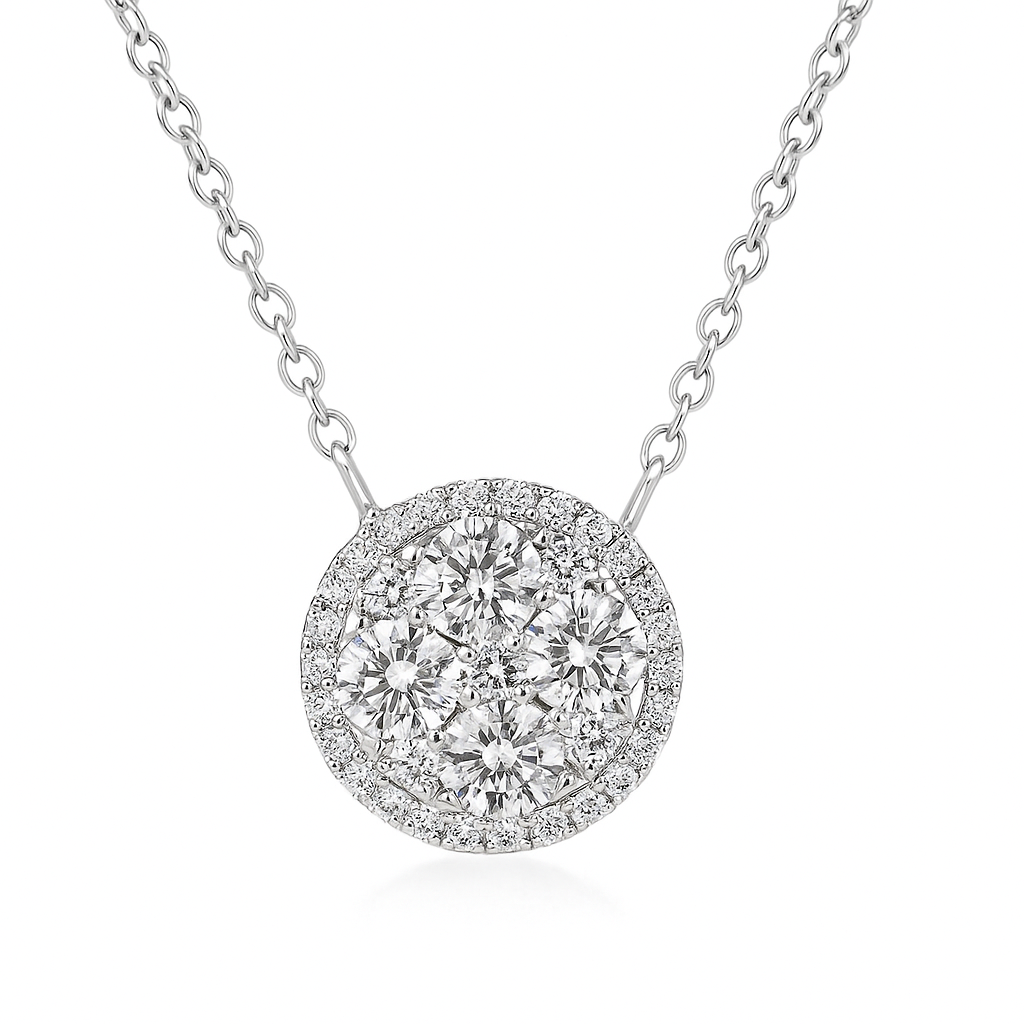 14K White Gold Round Diamond Cluster Pendant, 1.08ct