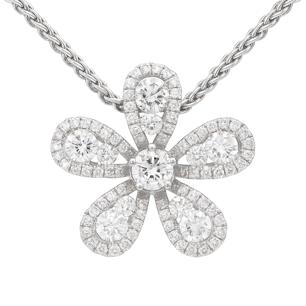 14K White Gold Five Petal Flower Diamond Pendant, 0.54ct