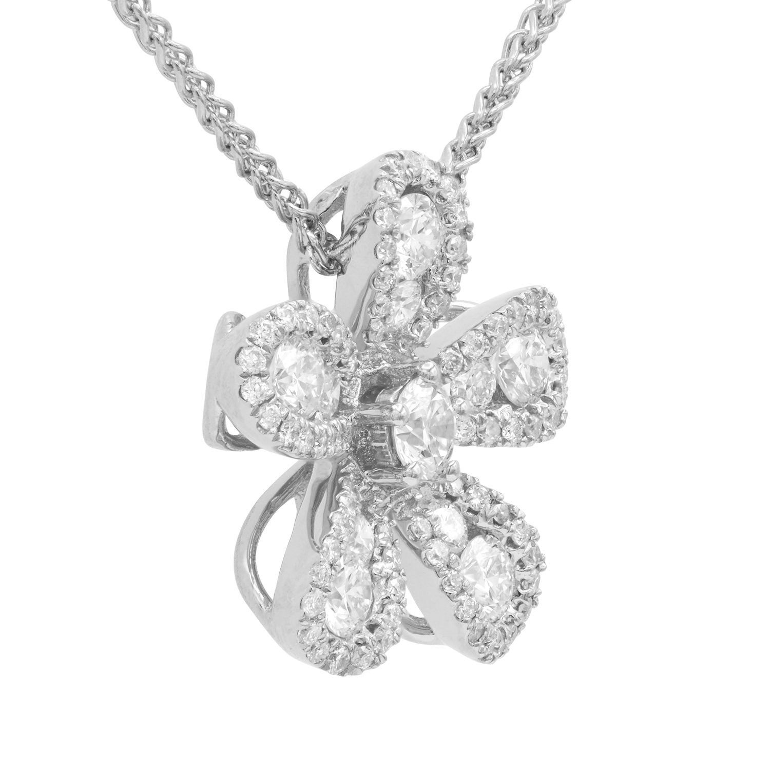 14K White Gold Five Petal Flower Diamond Pendant, 0.54ct