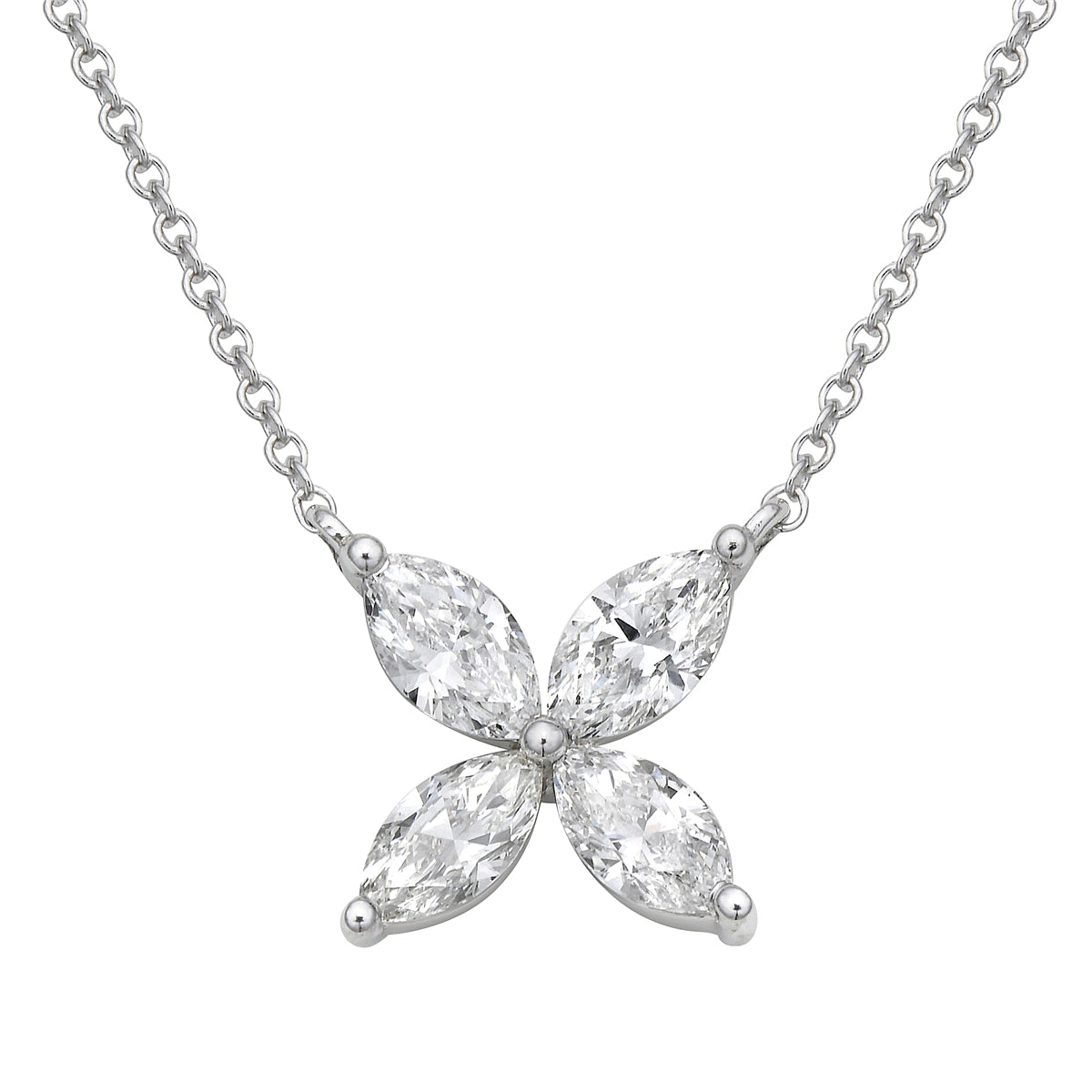 14K White Gold Four Petal White Gold Diamond Flower Pendant, 0.77ct