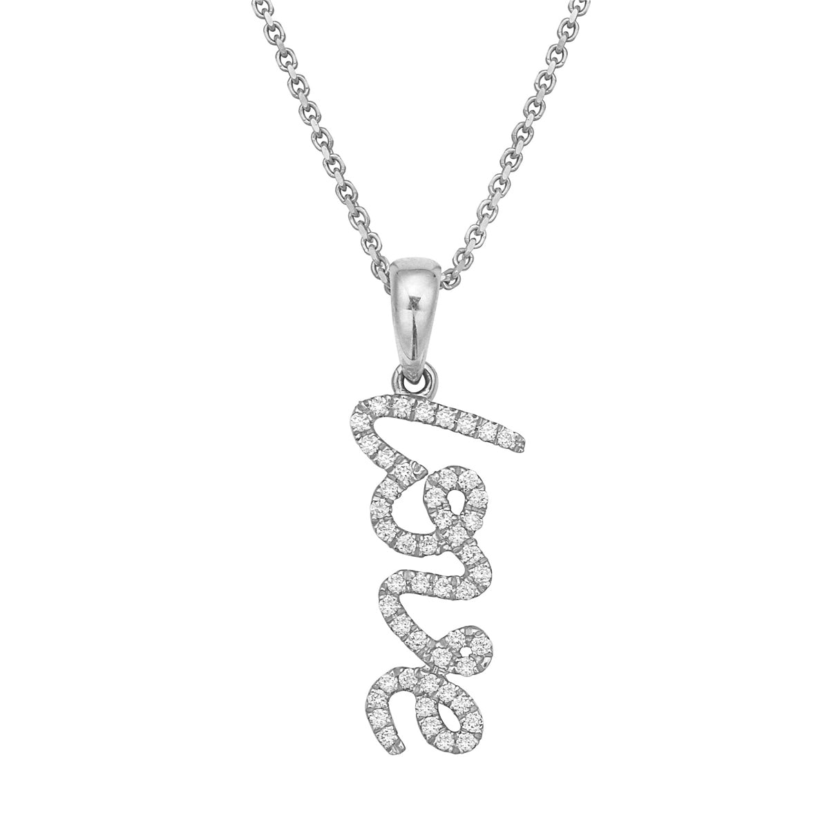 14K White Gold Scripted Diamond Love Pendant, 0.16ct