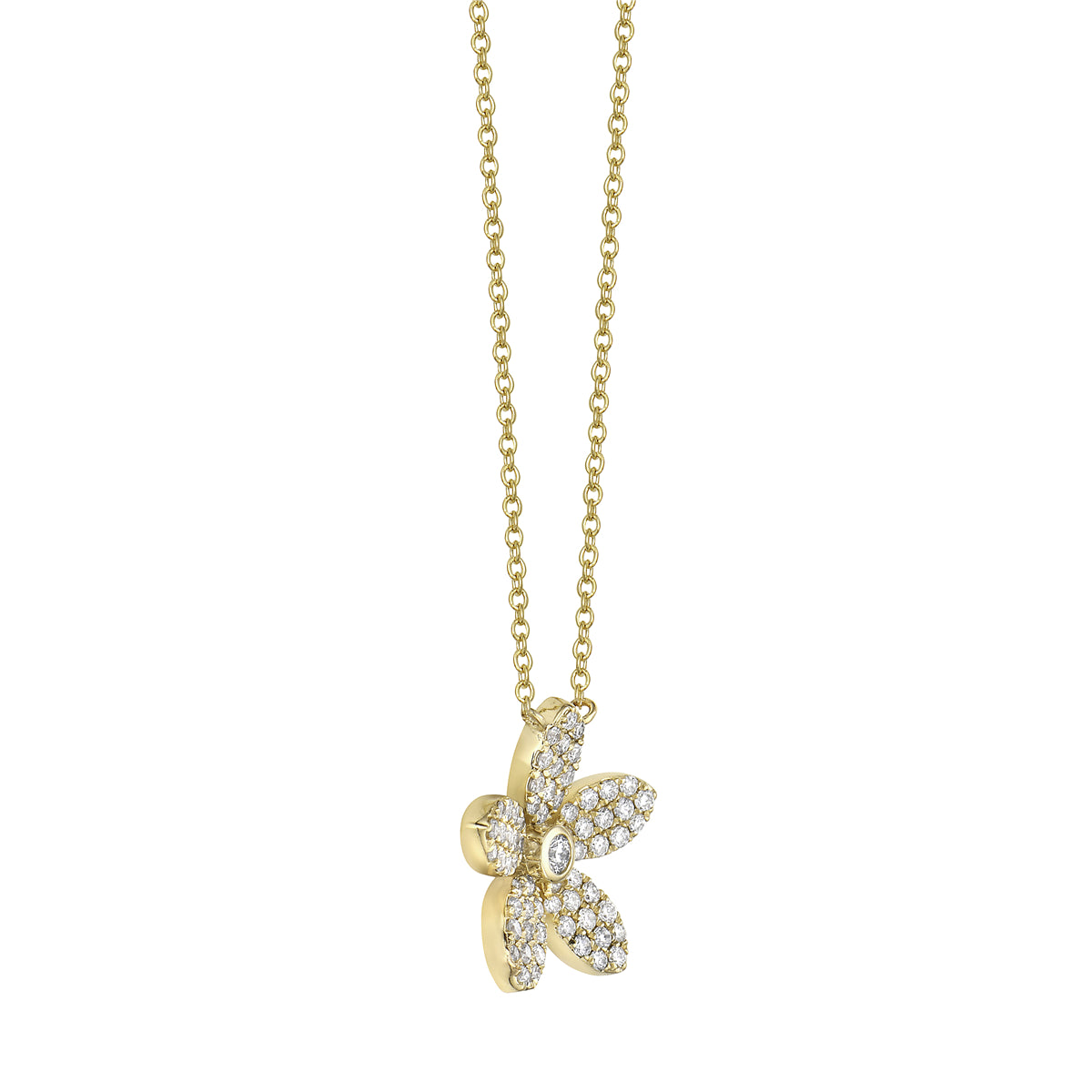 14K Yellow Gold Five Petal Diamond Flower Pendant