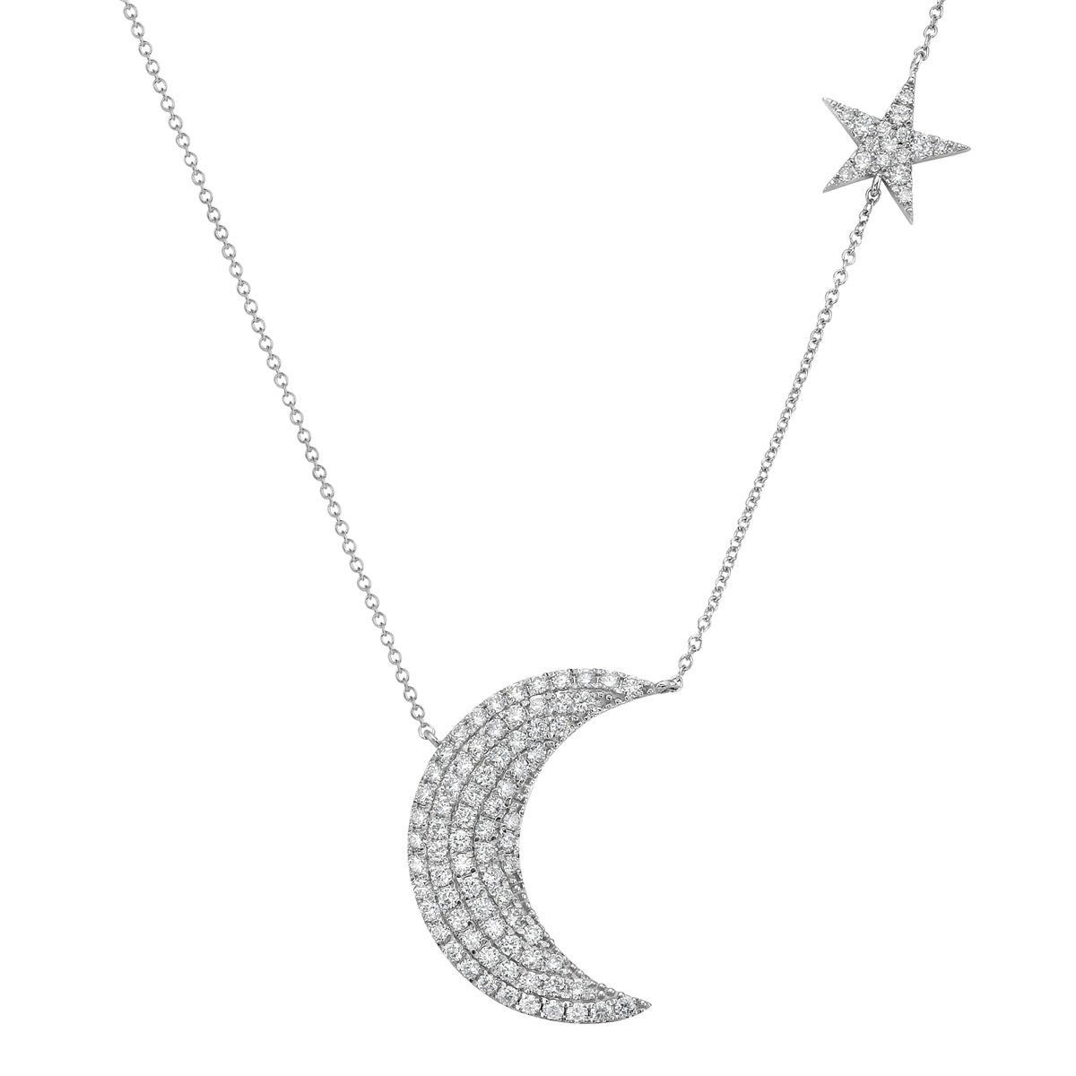 14K White Gold Diamond Moon and Star Pendant, 1.11ct