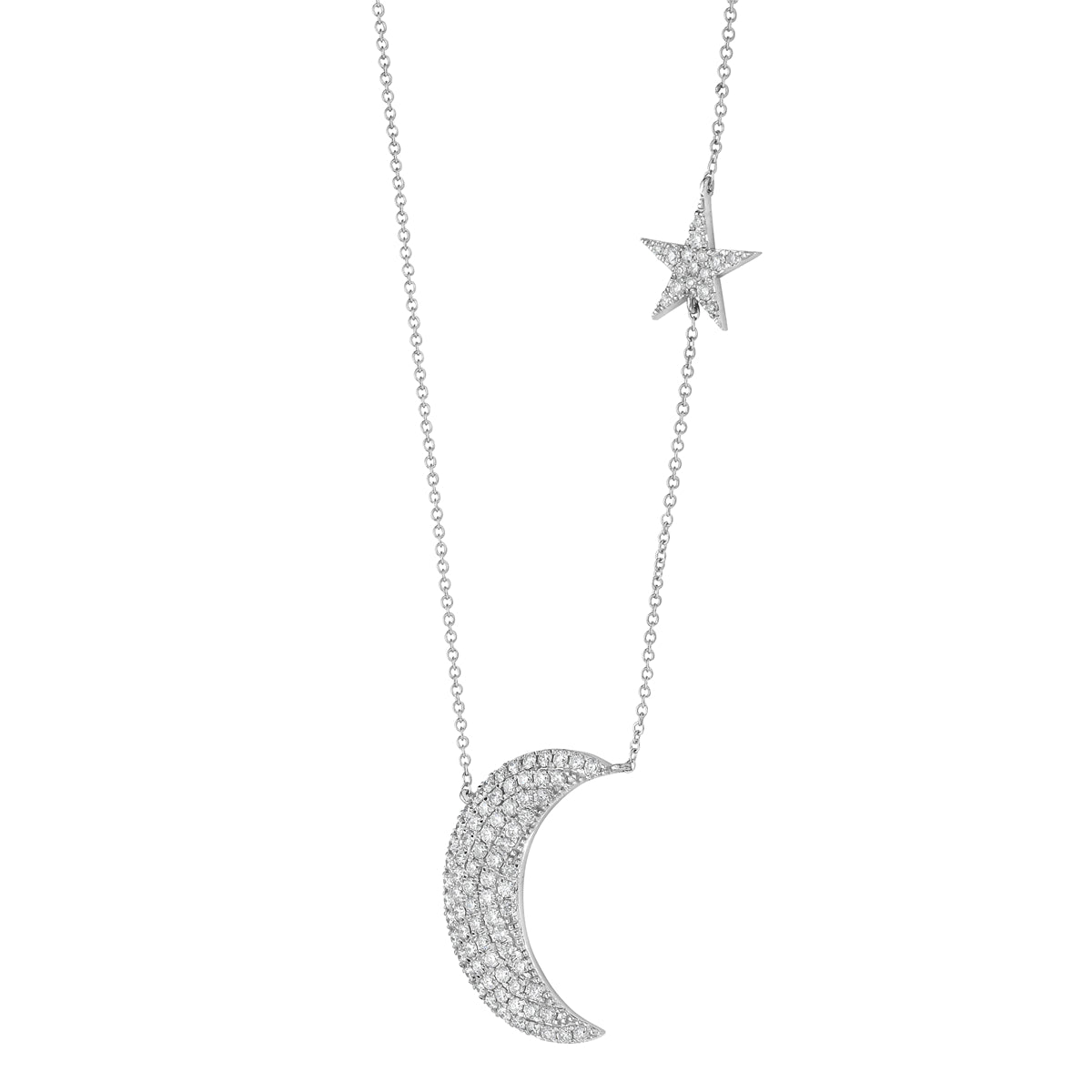 14K White Gold Diamond Moon and Star Pendant, 1.11ct
