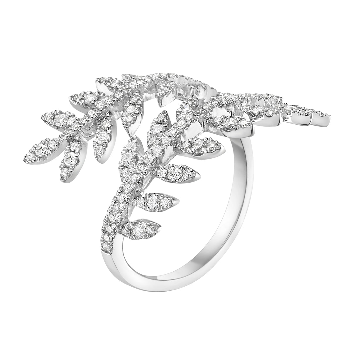 14K White Gold Diamond Bypass Leaf Ring, 0.68ct