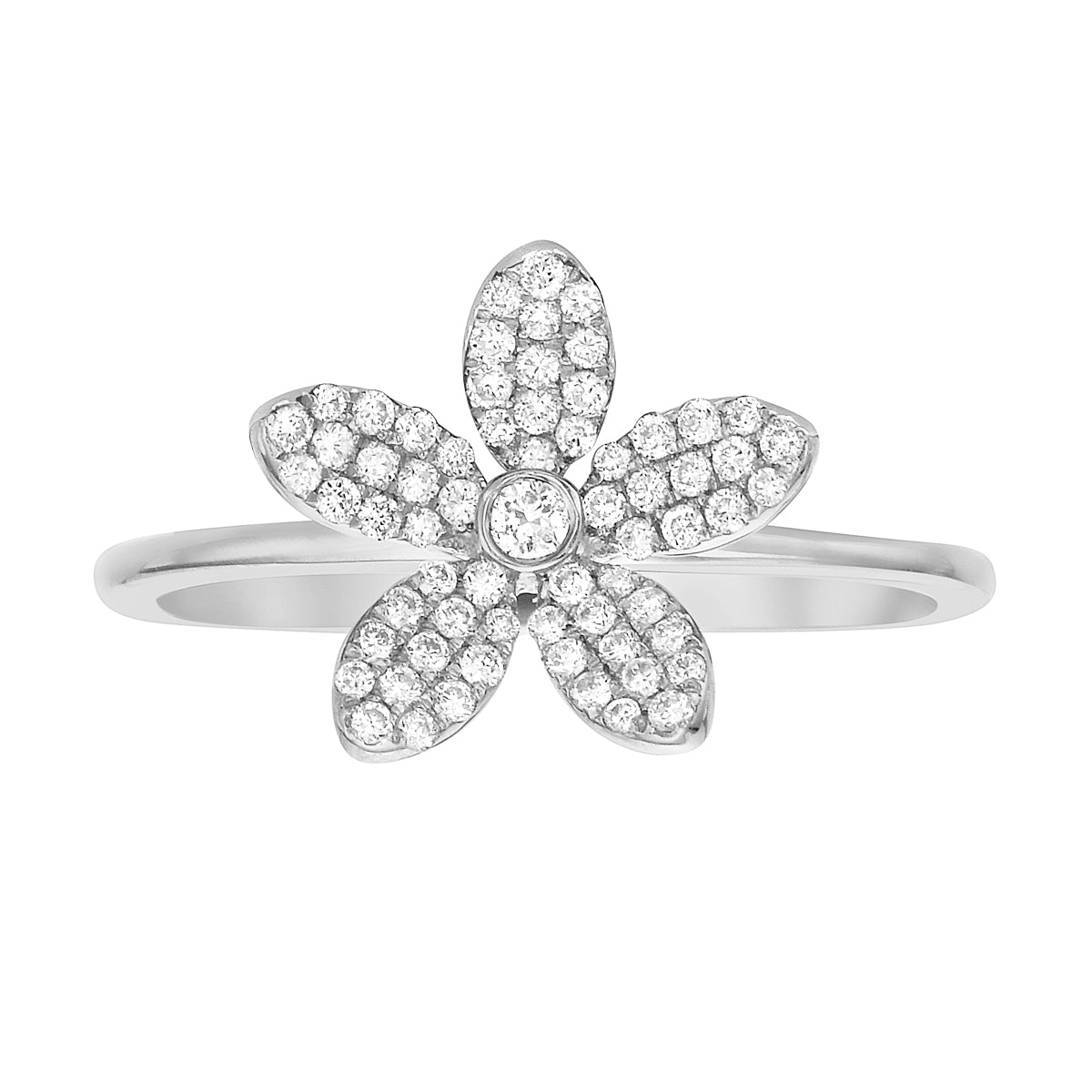 14K White Gold Five Petal Diamond Flower Ring, 0.19ct
