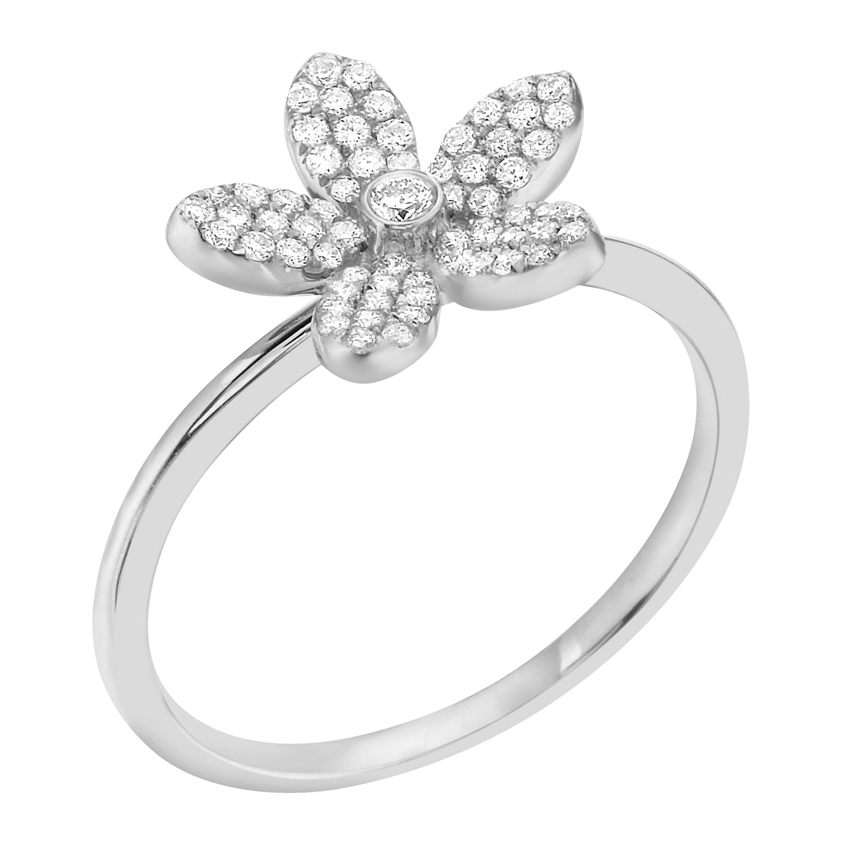 14K White Gold Five Petal Diamond Flower Ring, 0.19ct