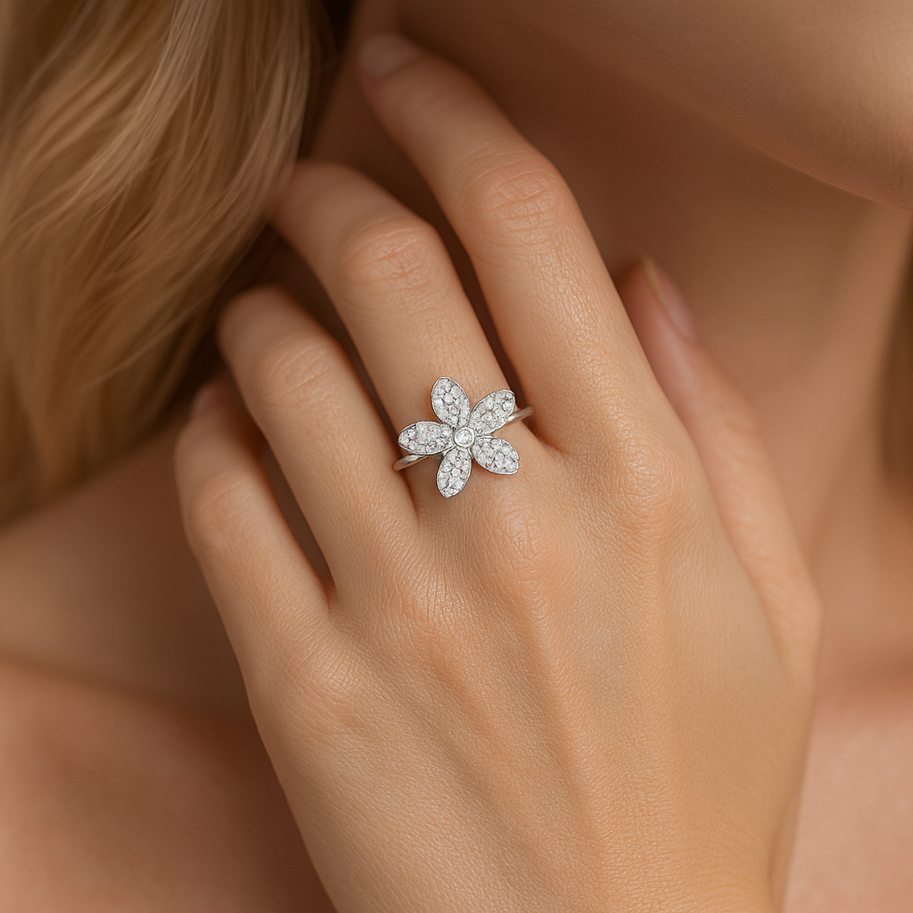 14K White Gold Five Petal Diamond Flower Ring, 0.19ct