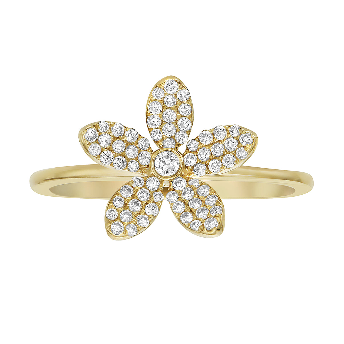 14K Yellow Gold Five Petal Diamond Flower Ring, 0.19ct