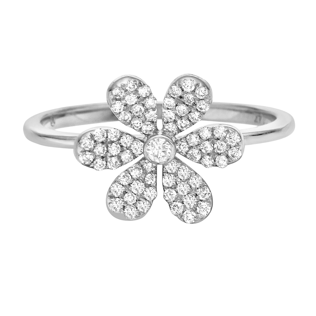 14K White Gold Six Petal Diamond Flower Ring