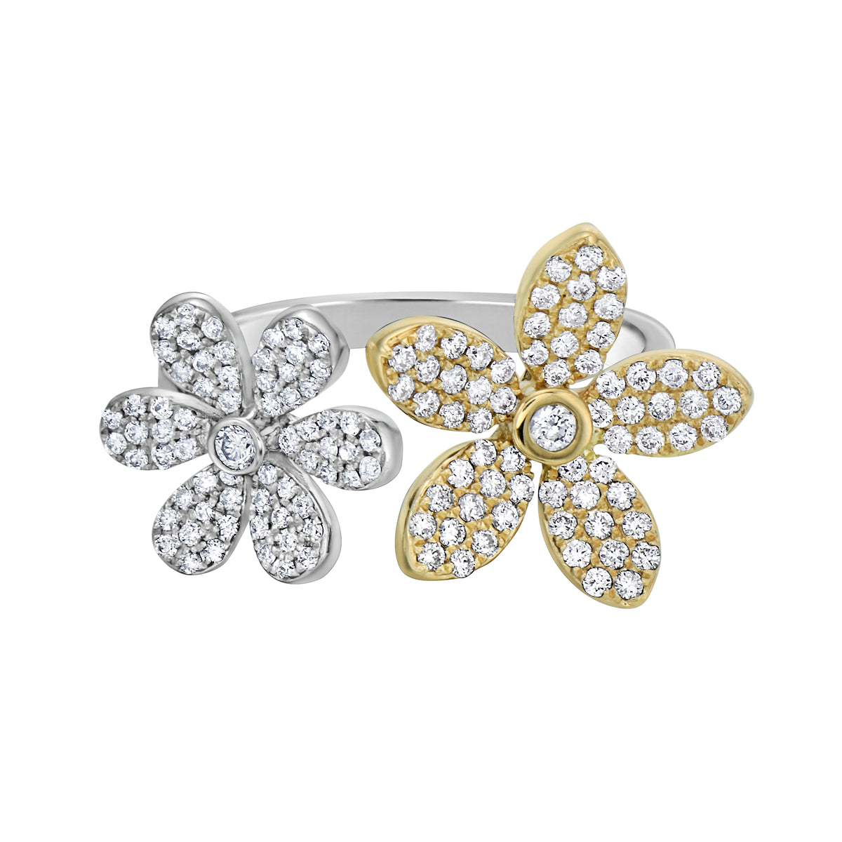14K White Gold Double Diamond Flower Ring, 0.57ct