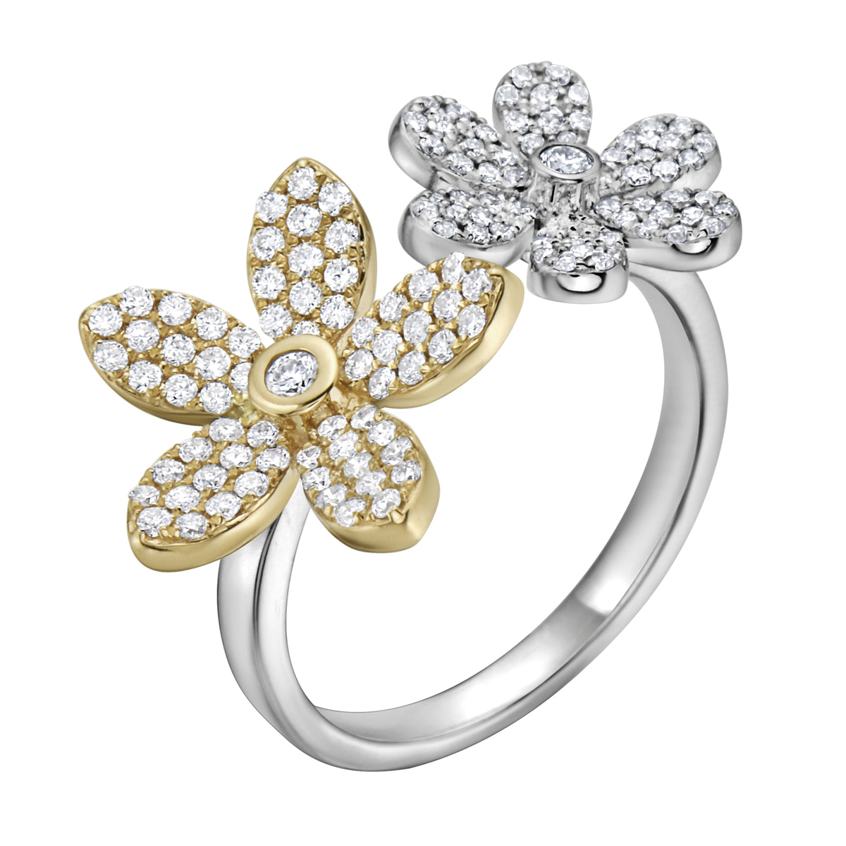 14K White Gold Double Diamond Flower Ring, 0.57ct