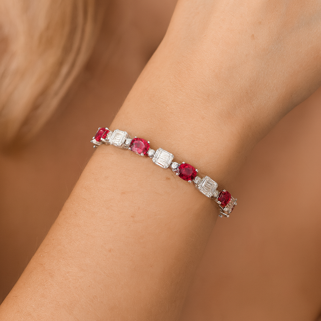 14K White Gold Ruby Oval and Illusion Emerald Bracelet, 6.2ct