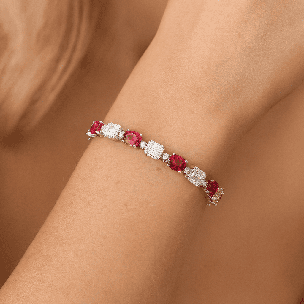 14K White Gold Ruby Oval and Illusion Emerald Bracelet, 6.2ct