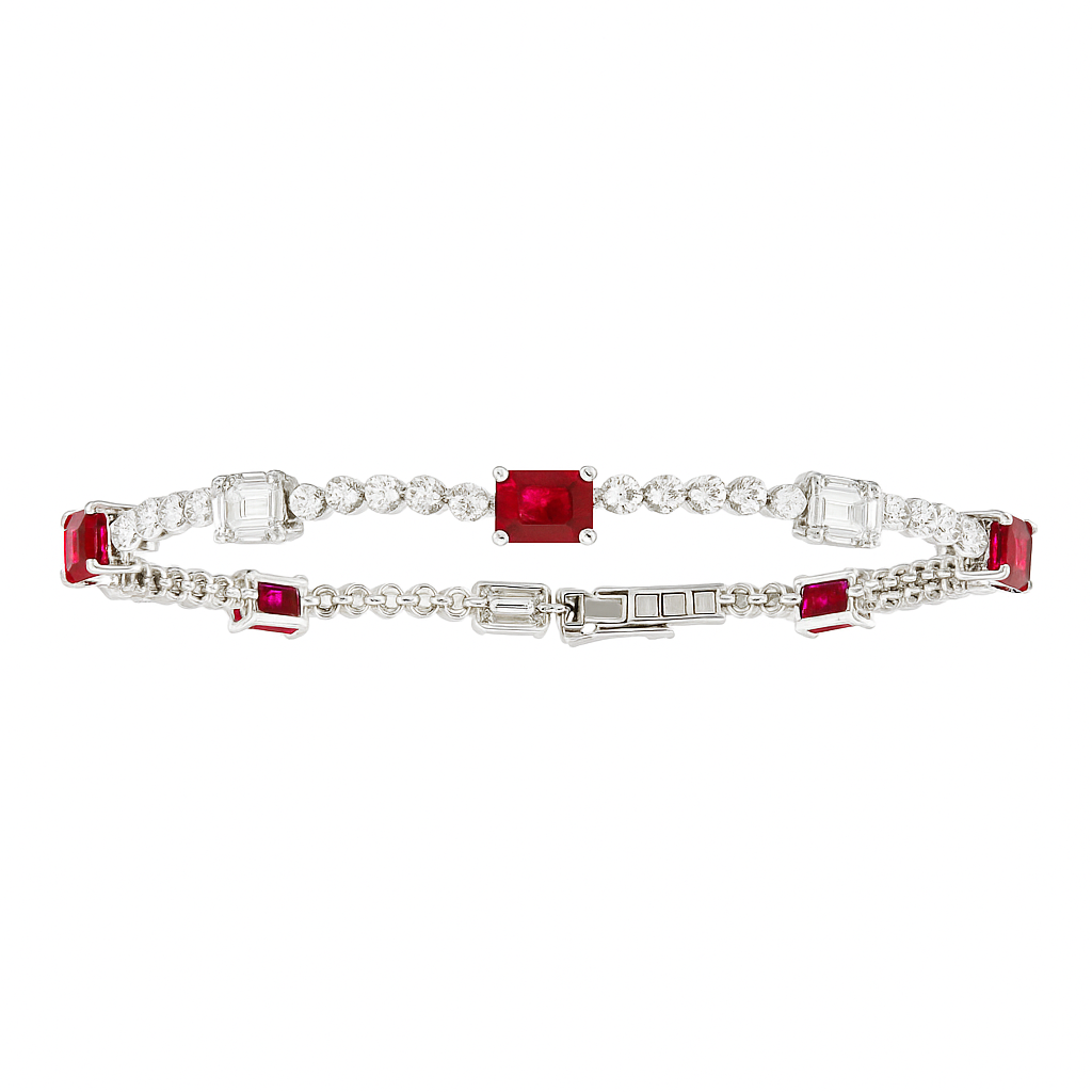 14K White Gold Emerald Cut Rubys with Illusion Emeralds Tennis Bracelet, 2.61ct