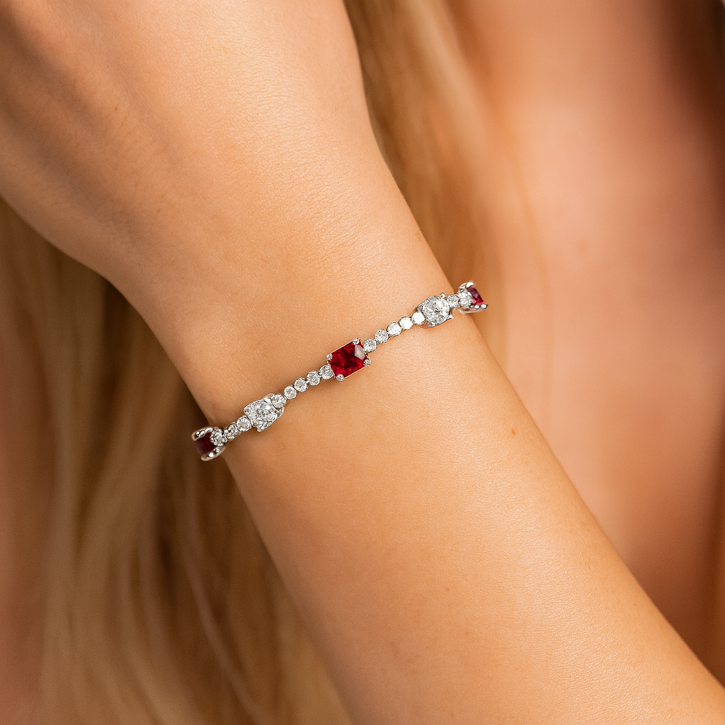 14K White Gold Emerald Cut Rubys with Illusion Emeralds Tennis Bracelet, 2.61ct