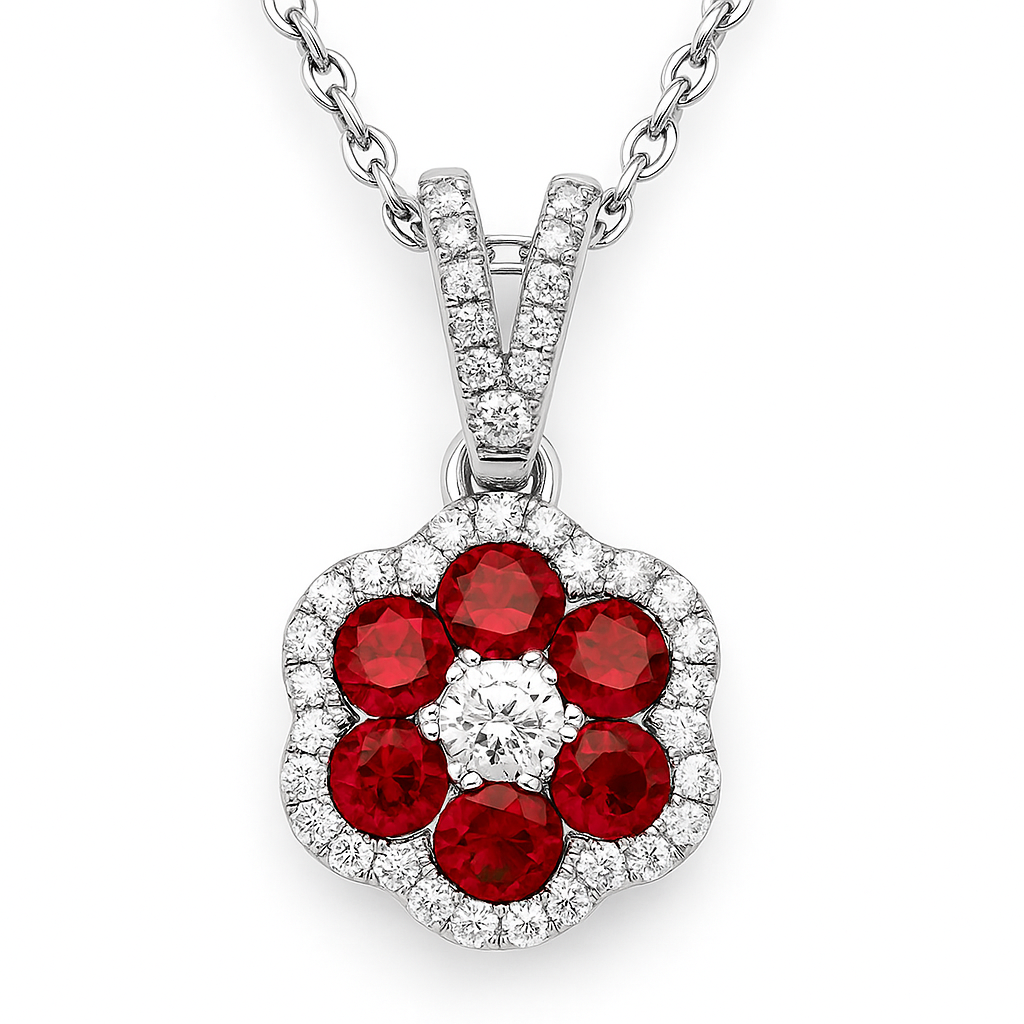 14K White Gold Ruby and Diamond Flower Cluster Pendant, 0.83ct