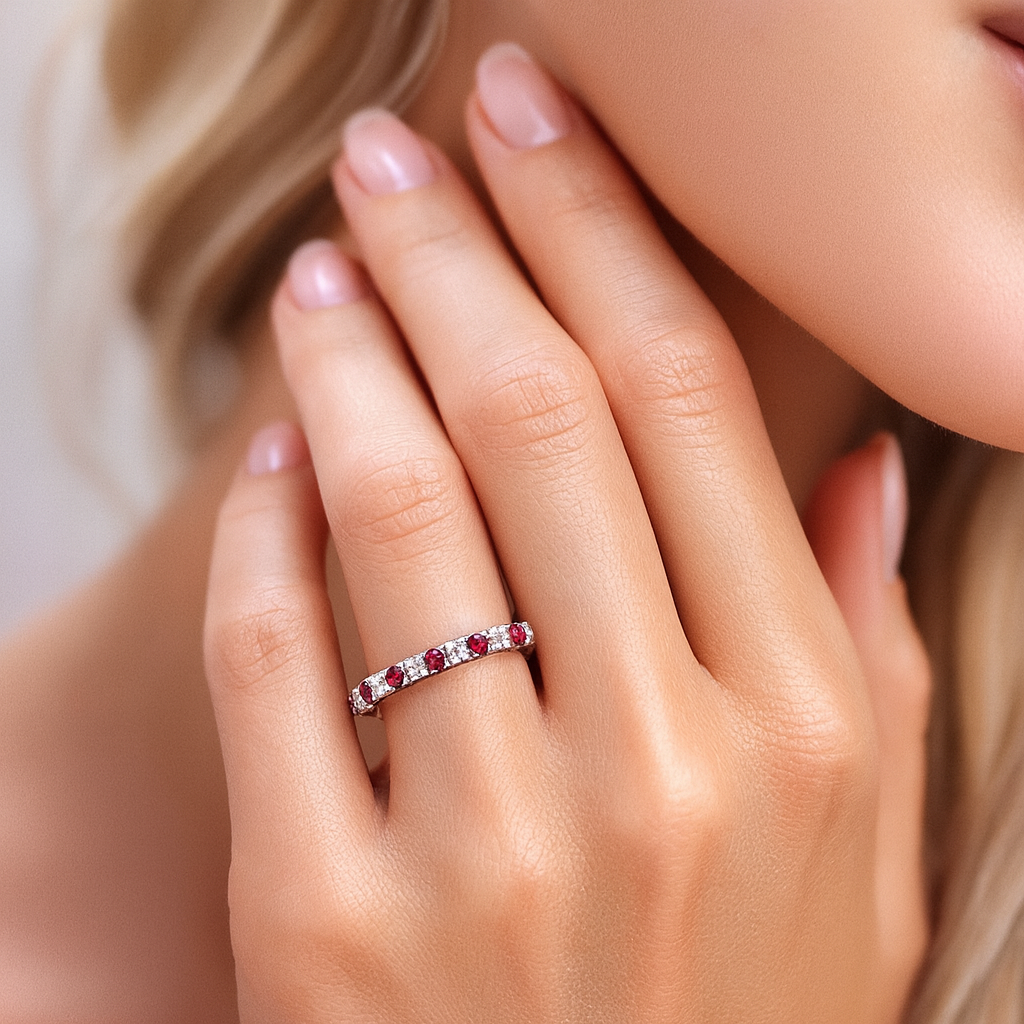 14K White Gold Alternating Ruby and Diamond Band, 0.22ct