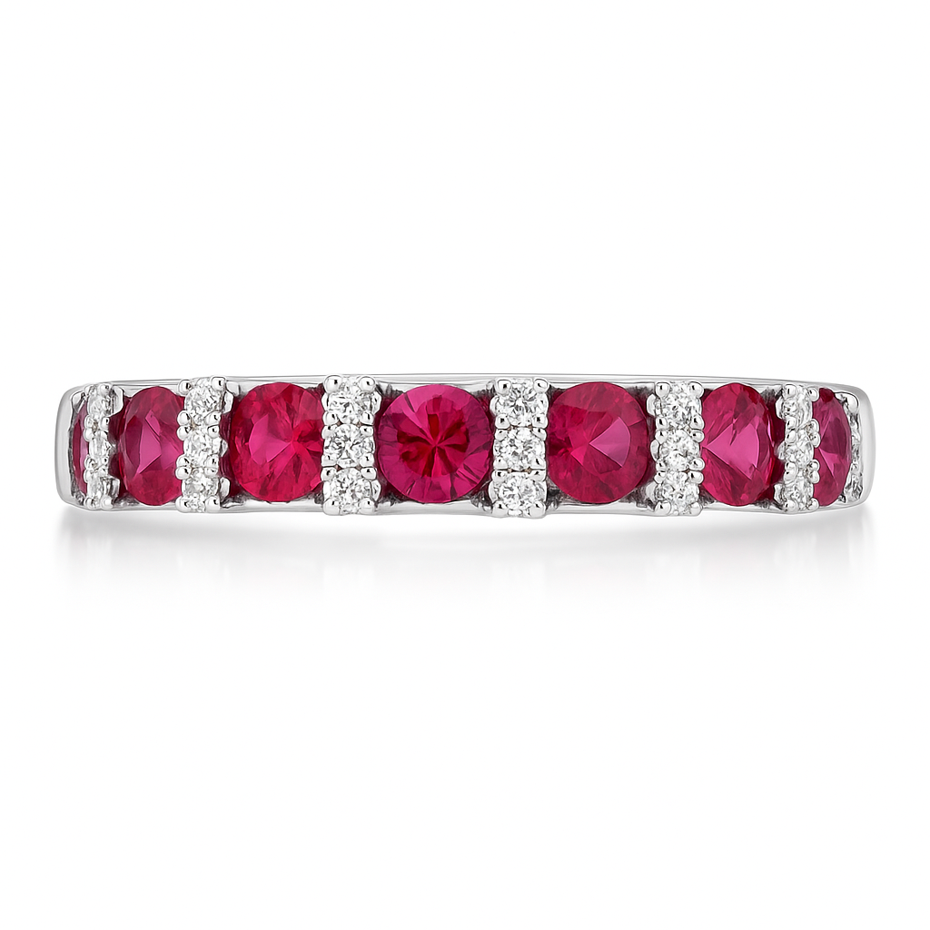 14K White Gold Ruby and Diamond Row Band, 0.87ct
