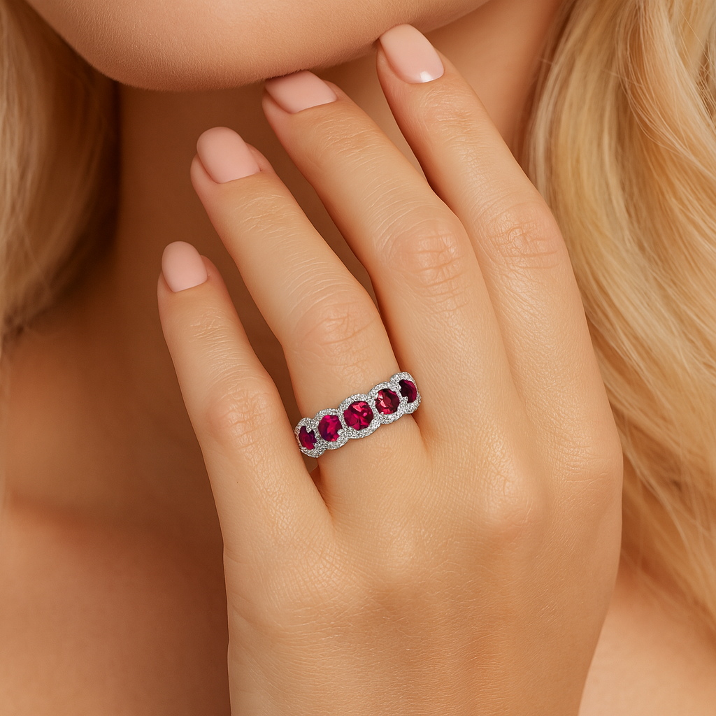 14K White Gold Ruby and Diamond Halo Band, 0.9ct