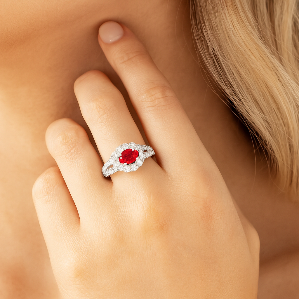 14K White Gold Ruby Split Shank Halo Diamond Ring, 0.38ct