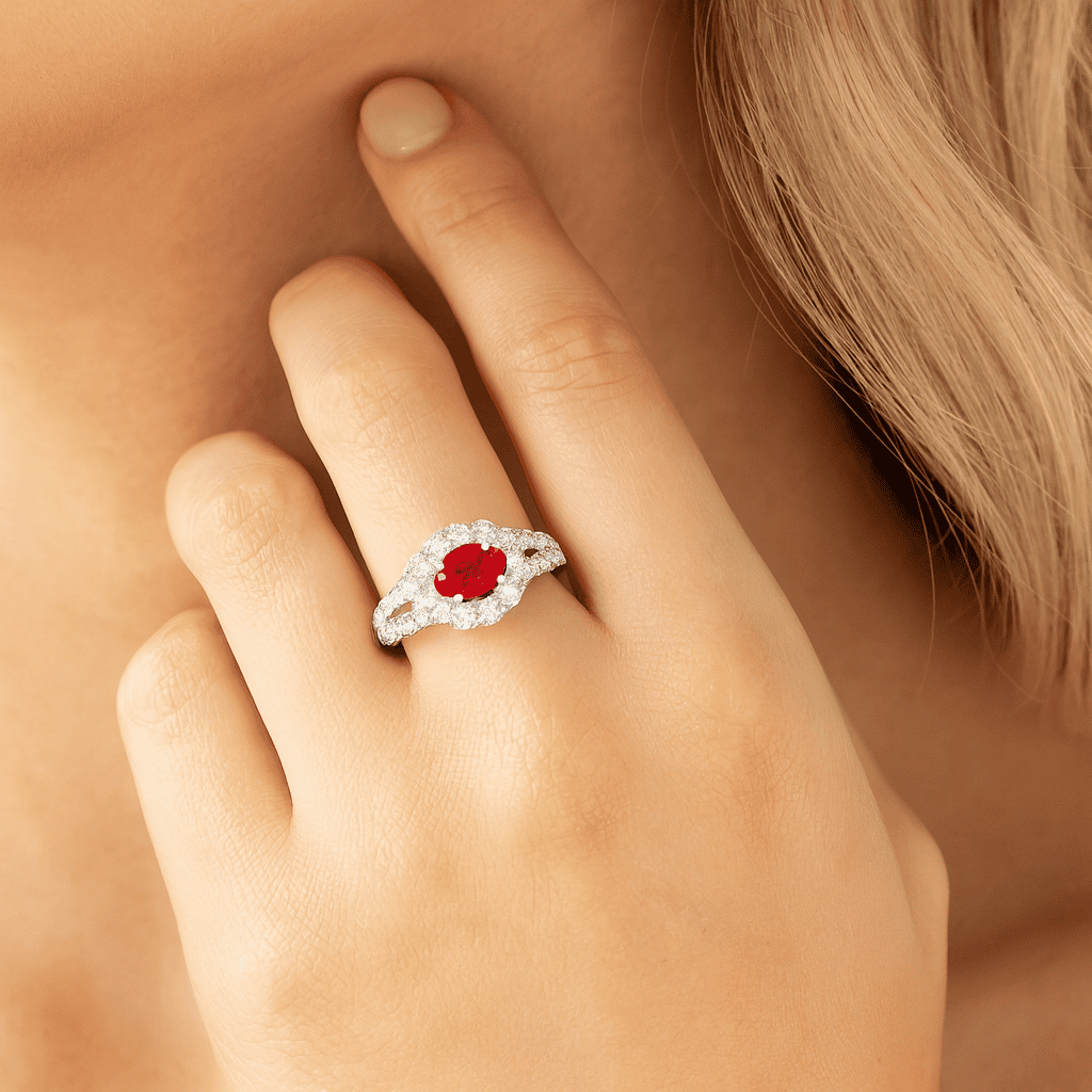 14K White Gold Ruby Split Shank Halo Diamond Ring, 0.38ct