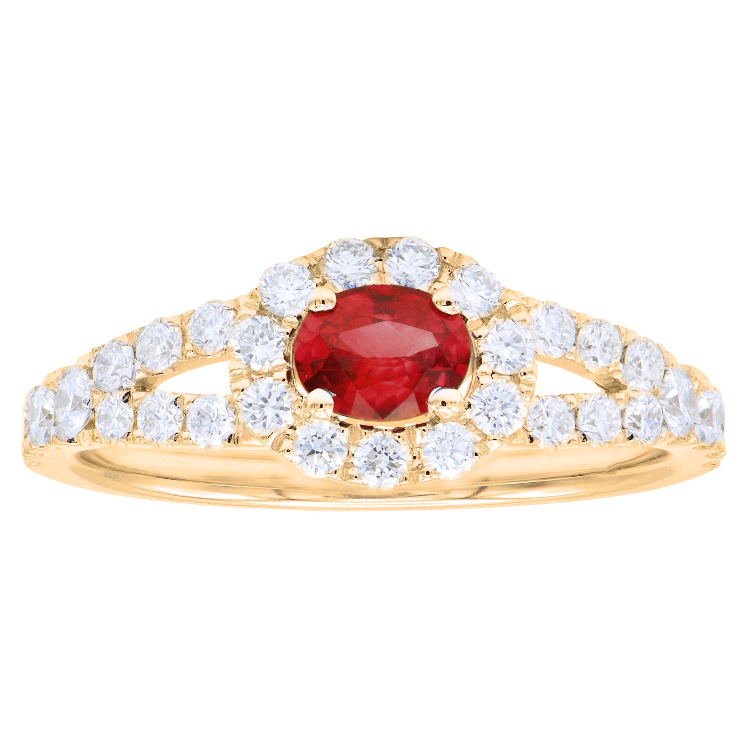 14K Yellow Gold Ruby Split Shank Halo Diamond Ring