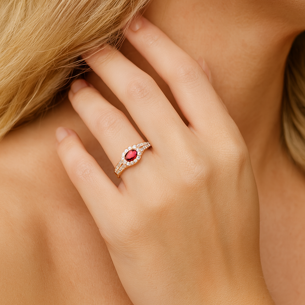 14K Yellow Gold Ruby Split Shank Halo Diamond Ring, 0.38ct