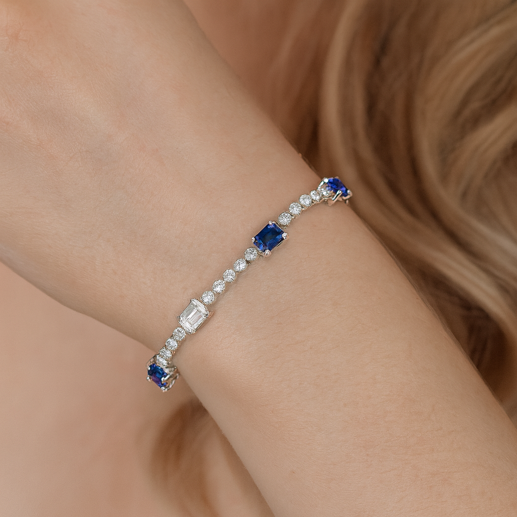 14K White Gold Emerald Cut Sapphire and Diamond Bracelet, 2.25ct
