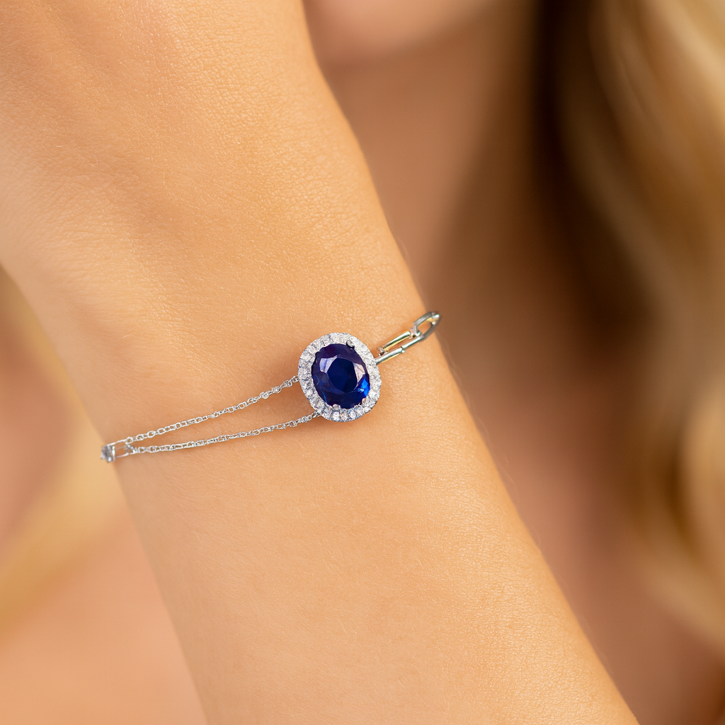 Handmade 14K White Gold Blue Sapphire Diamond Bracelet, 1.2ct