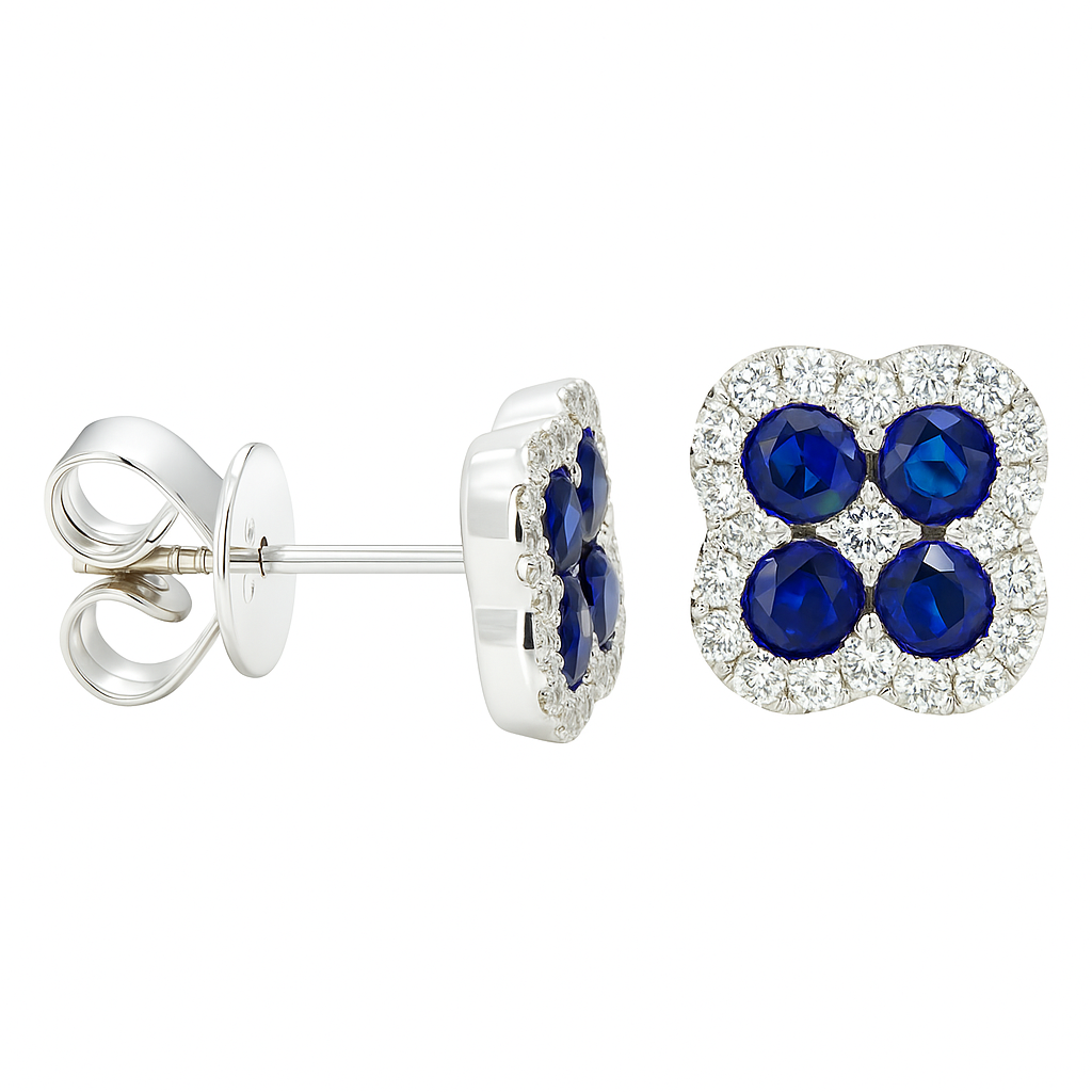 14K White Gold Sapphire and Diamond Clover Earrings, 0.89ct