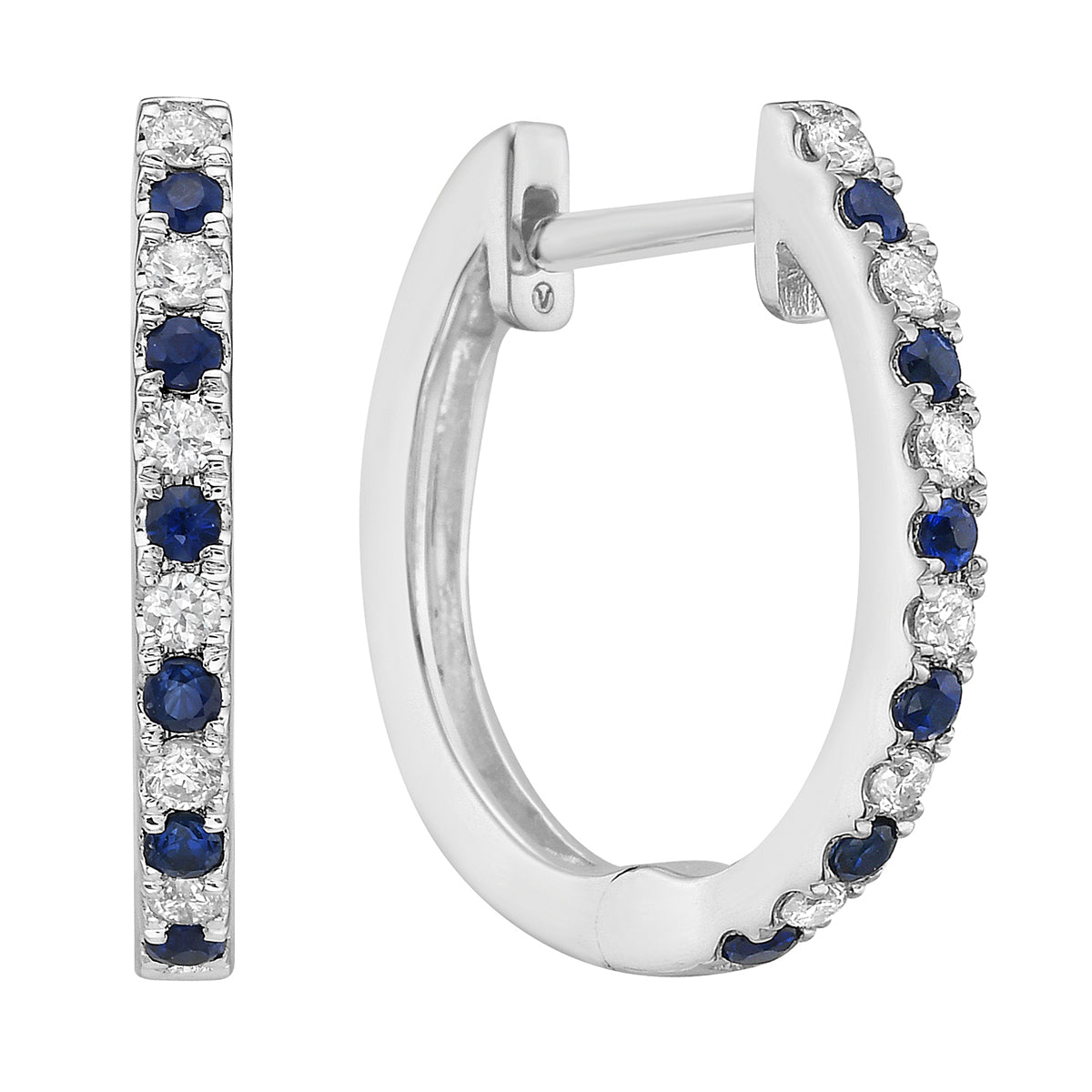 14K White Gold Sapphire and Diamond Alternating Hoop Earrings, 0.16ct