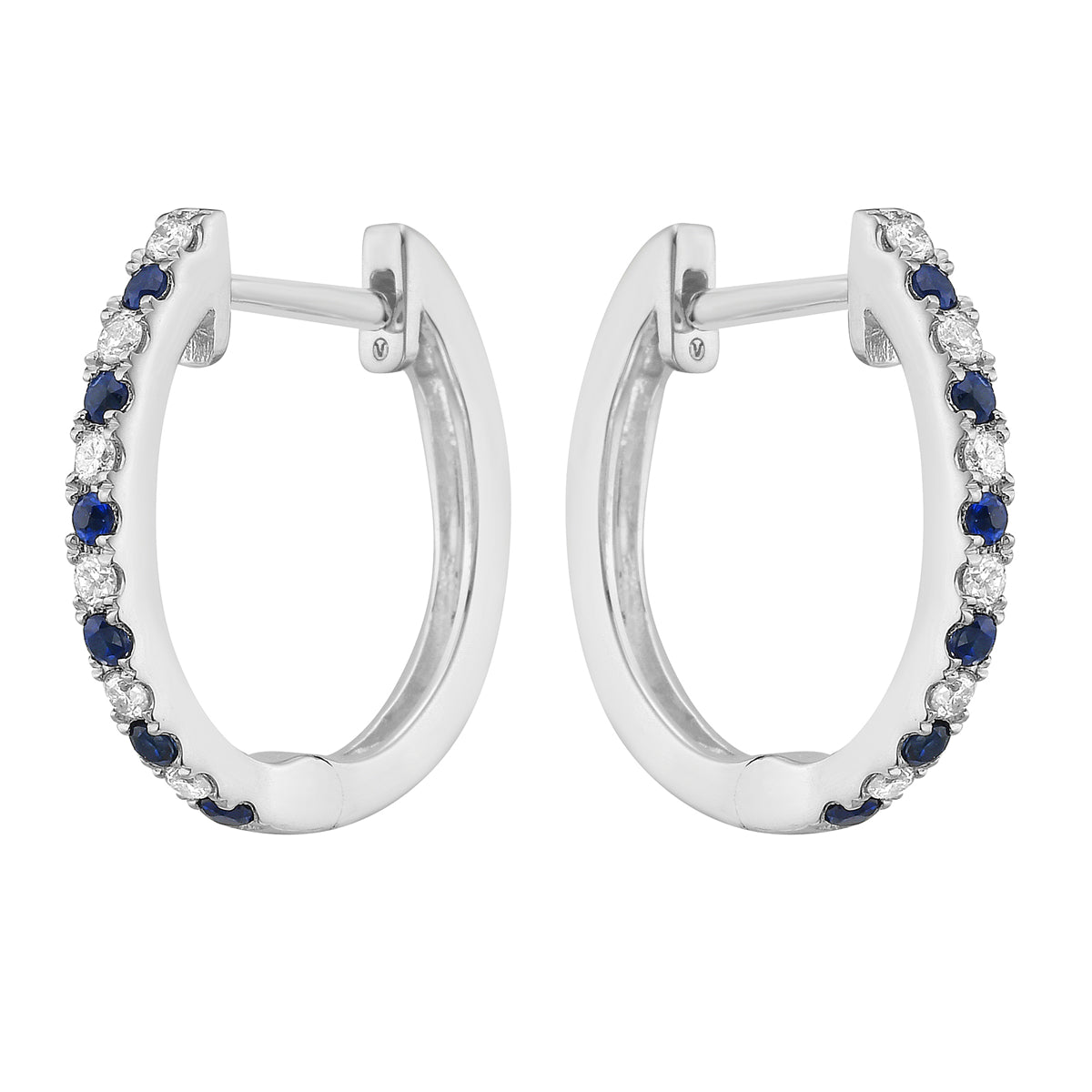 14K White Gold Sapphire and Diamond Alternating Hoop Earrings, 0.16ct