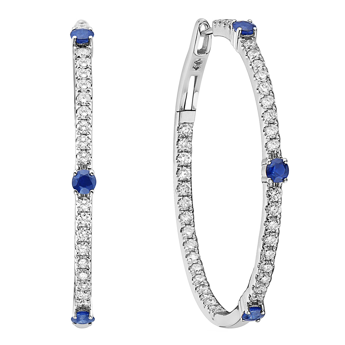 14K White Gold Diamond Hoops with Sapphires, 0.7ct