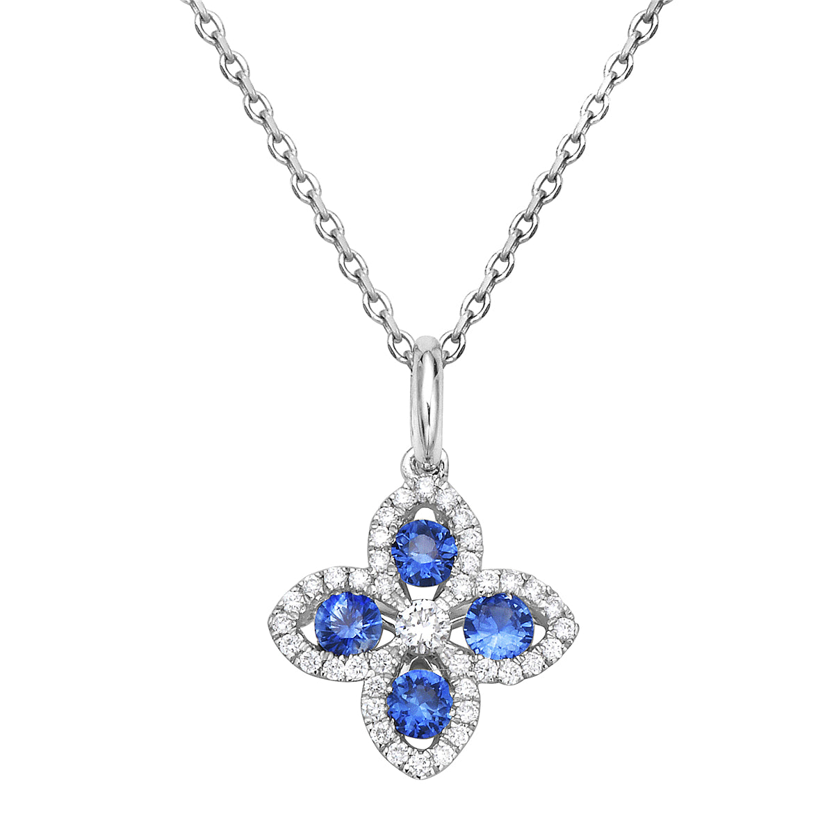 14K White Gold Sapphire and Diamond Open Flower Pendant, 0.37ct