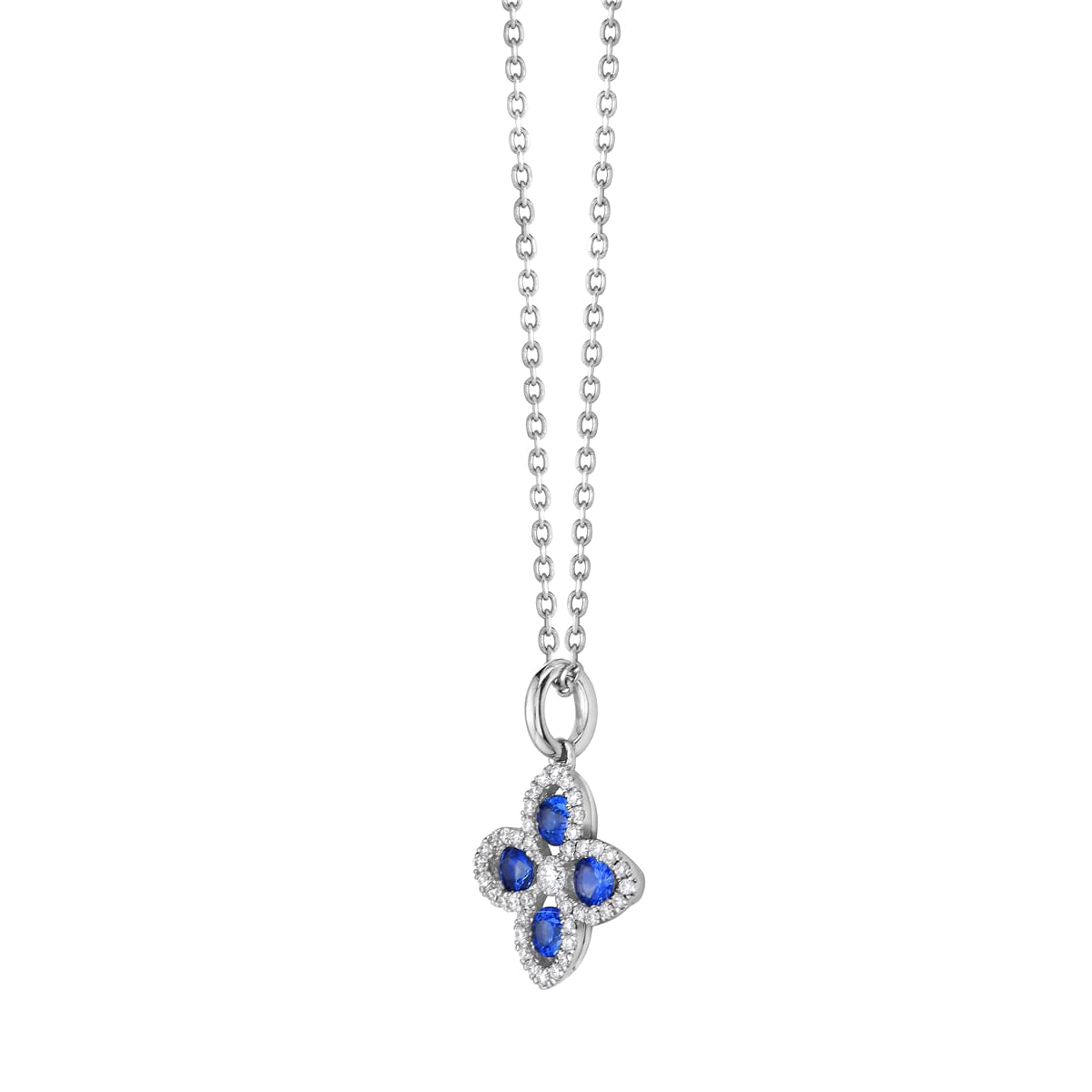 14K White Gold Sapphire and Diamond Open Flower Pendant, 0.37ct