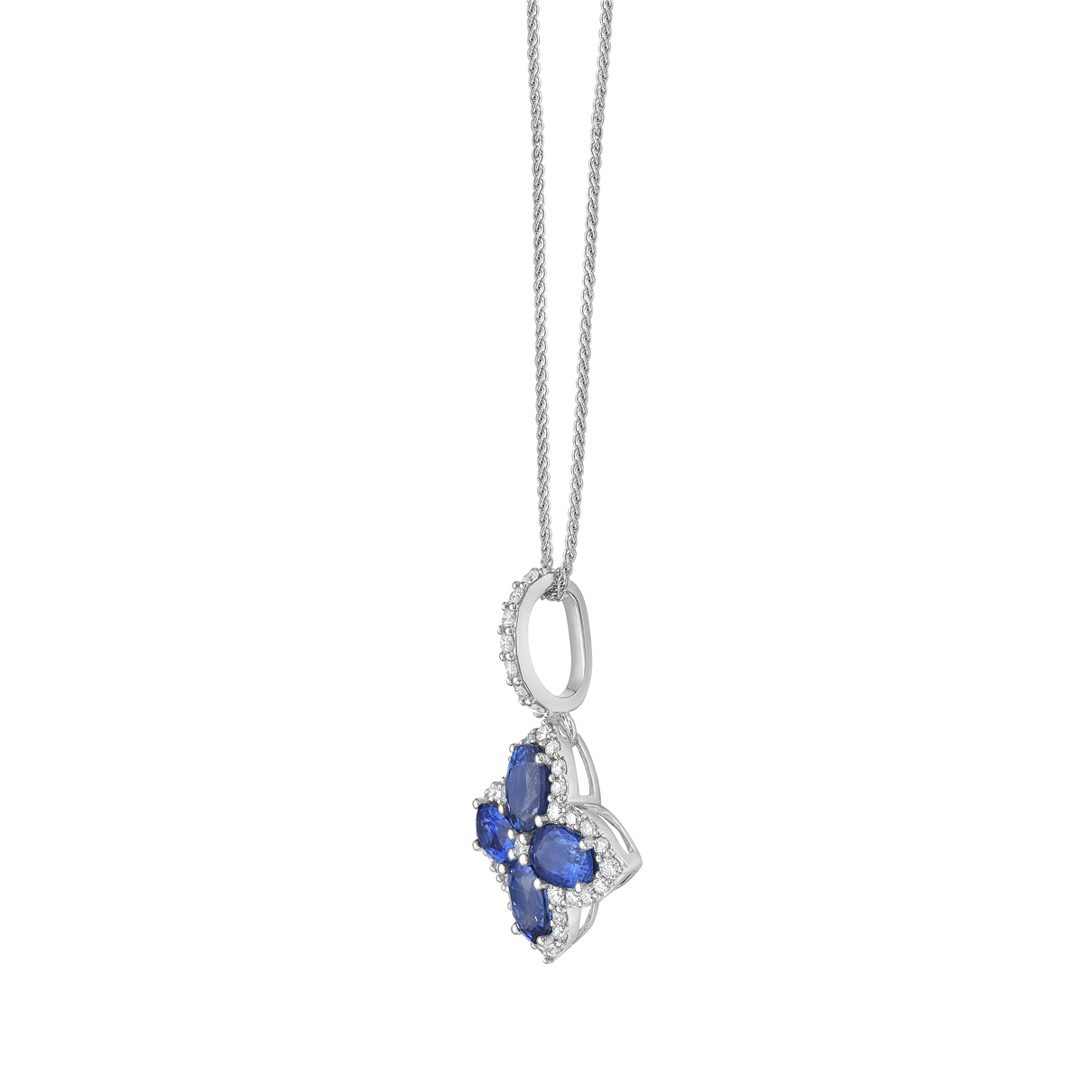 14K White Gold Diamond Clover and Sapphire Pendant