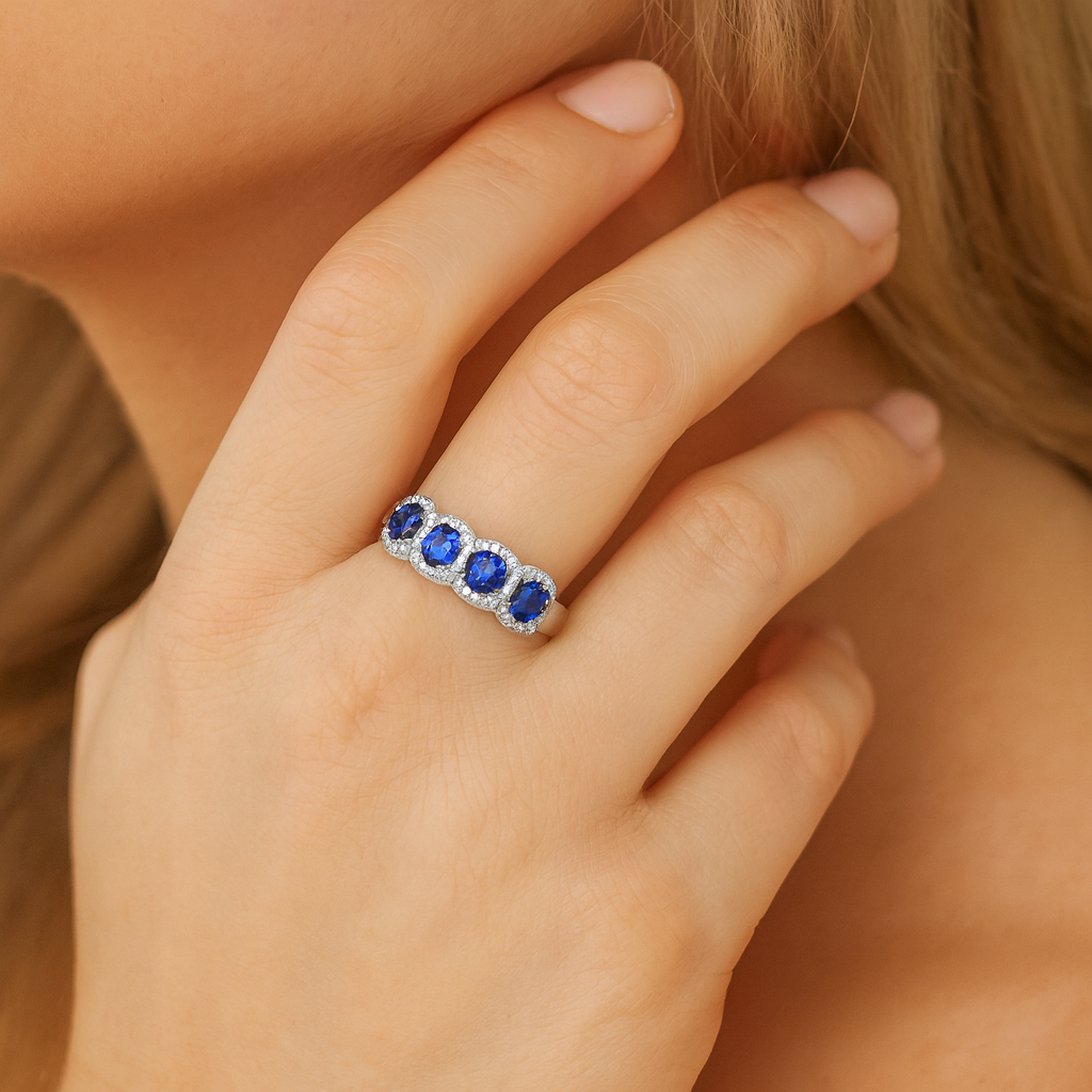 14K White Gold Sapphire with Diamond Halo Ring, 0.82ct