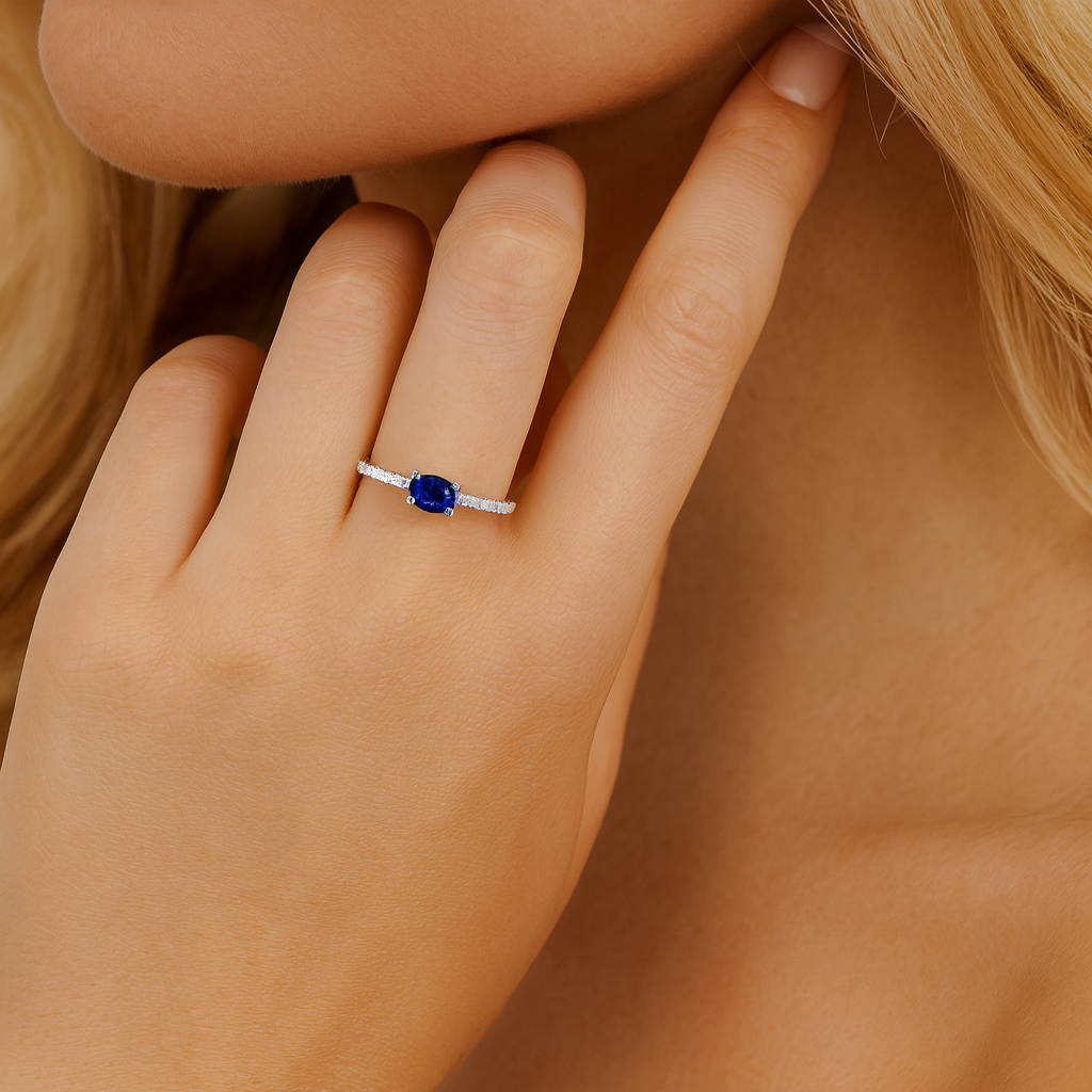 14K White Gold Sapphire Solitaire with Diamond Band, 0.52ct