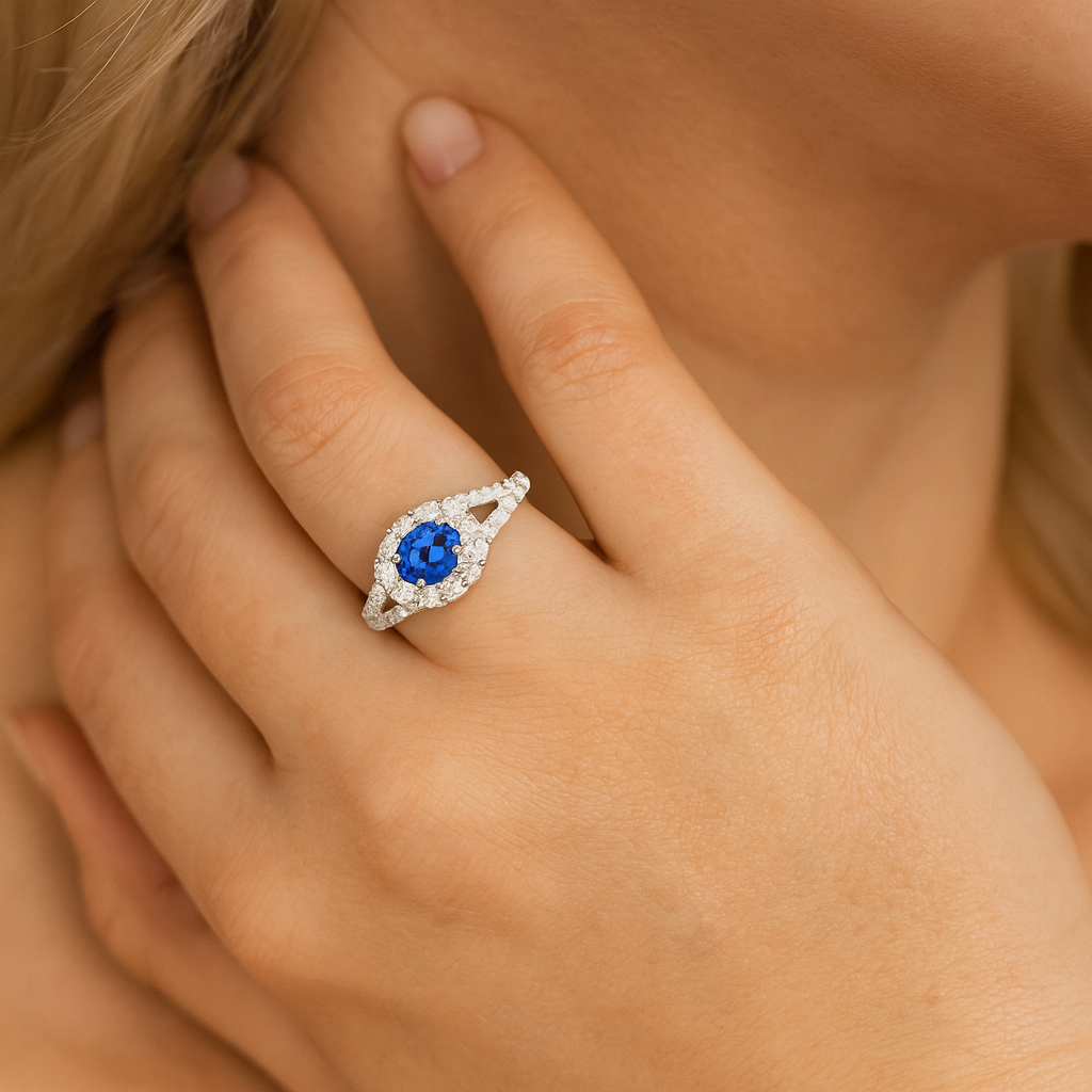 14K White Gold Sapphire and Diamond Split Shank Ring, 0.41ct