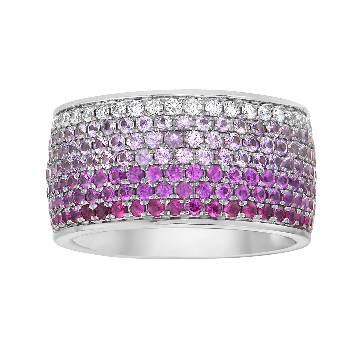 14K White Gold Multi Row Pink Sapphire and Diamond Ring, 4.3ct