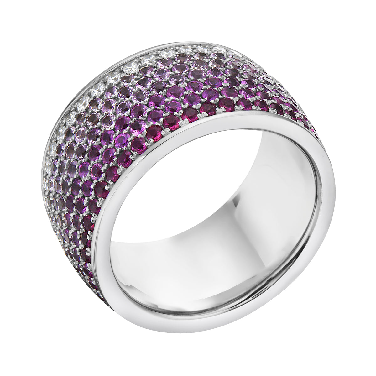14K White Gold Multi Row Pink Sapphire and Diamond Ring, 4.3ct