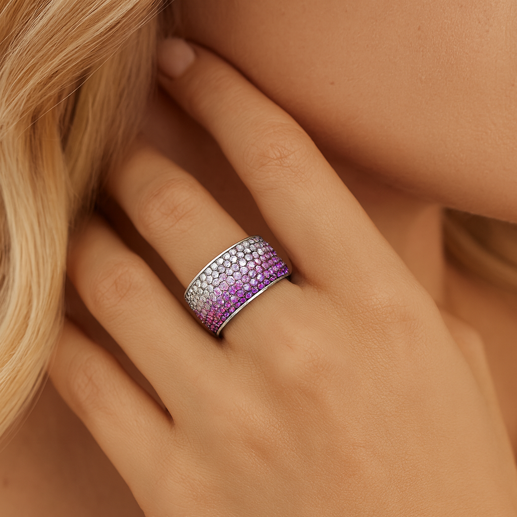 14K White Gold Multi Row Pink Sapphire and Diamond Ring, 4.3ct