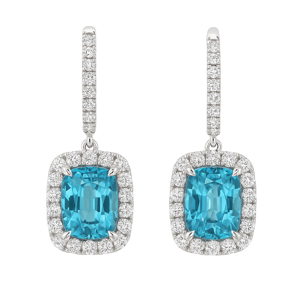 Handmade 18K White Gold Blue Zircon Earrings, 7.87ct