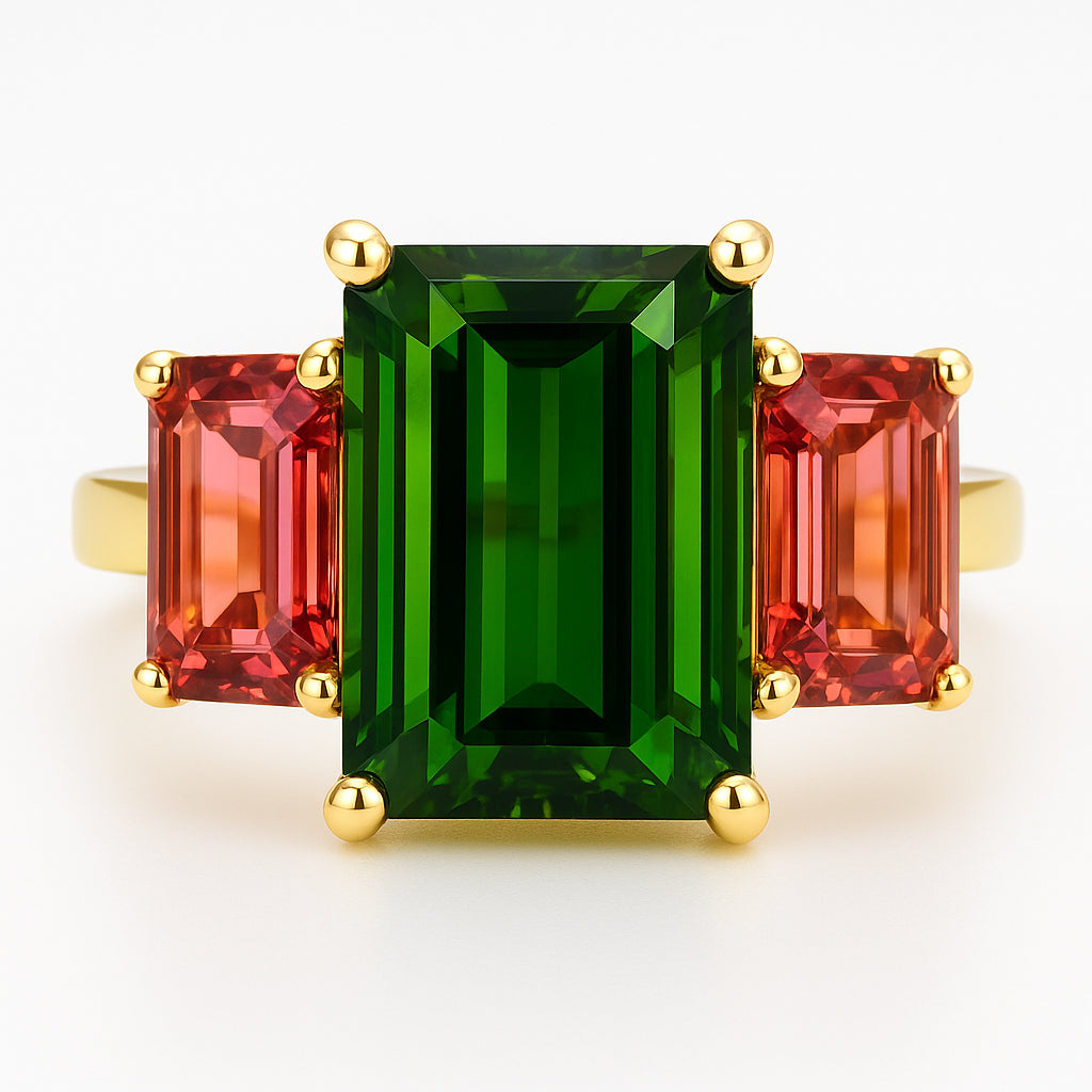 Handmade 18K Yellow Gold Tourmaline Ring, 3 Stone, 6.31ct