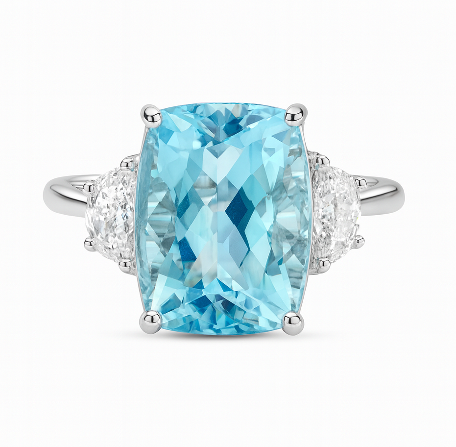 Handmade Platinum Aquamarine 3 Stone Ring, 5.39ct